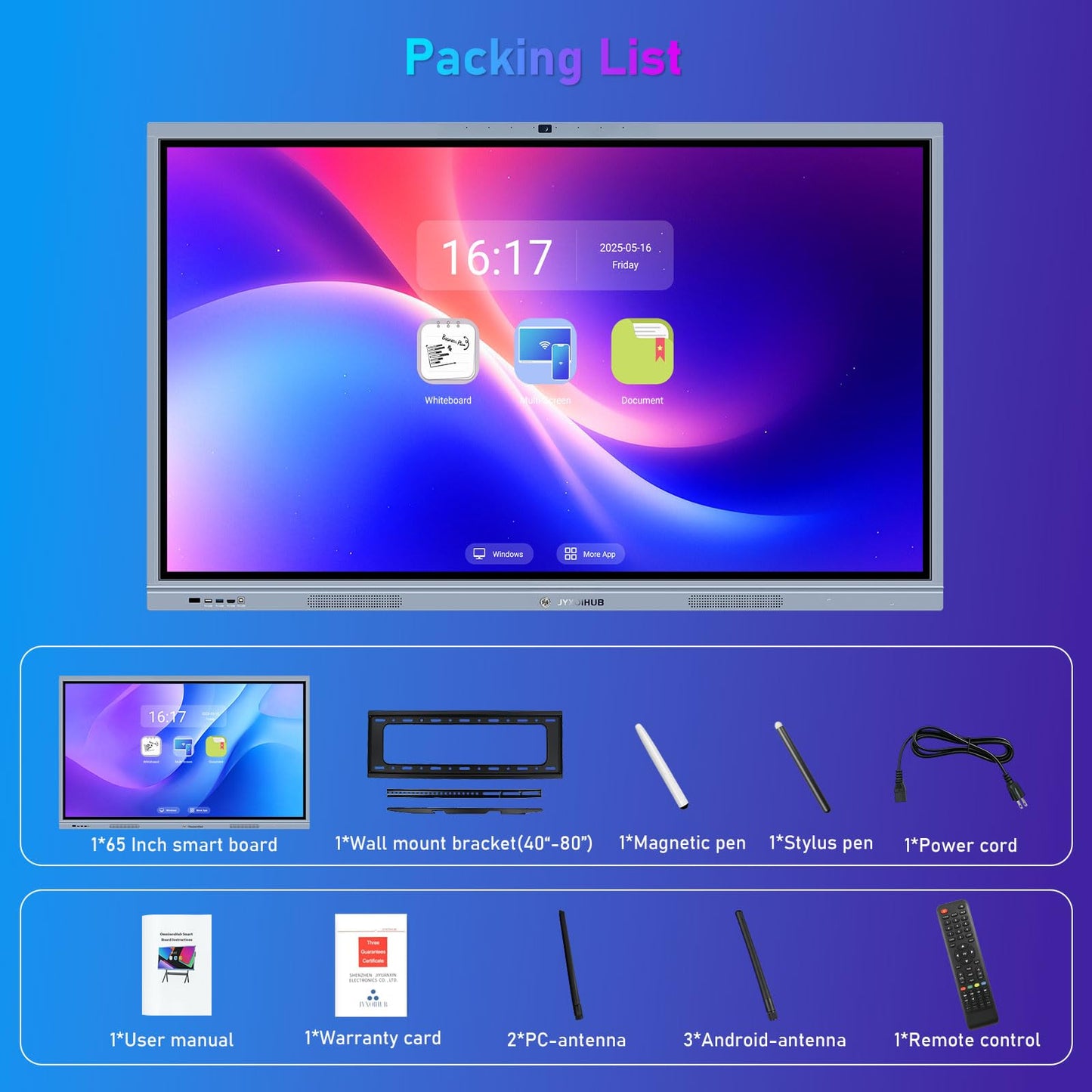 65 Inch Smart Board, 4K Electronic Whiteboard, Built in Dual System and 20MP Camera Digital White Board for Classroom and Business, Interactive Whiteboard with Video Conference System (Board Only)