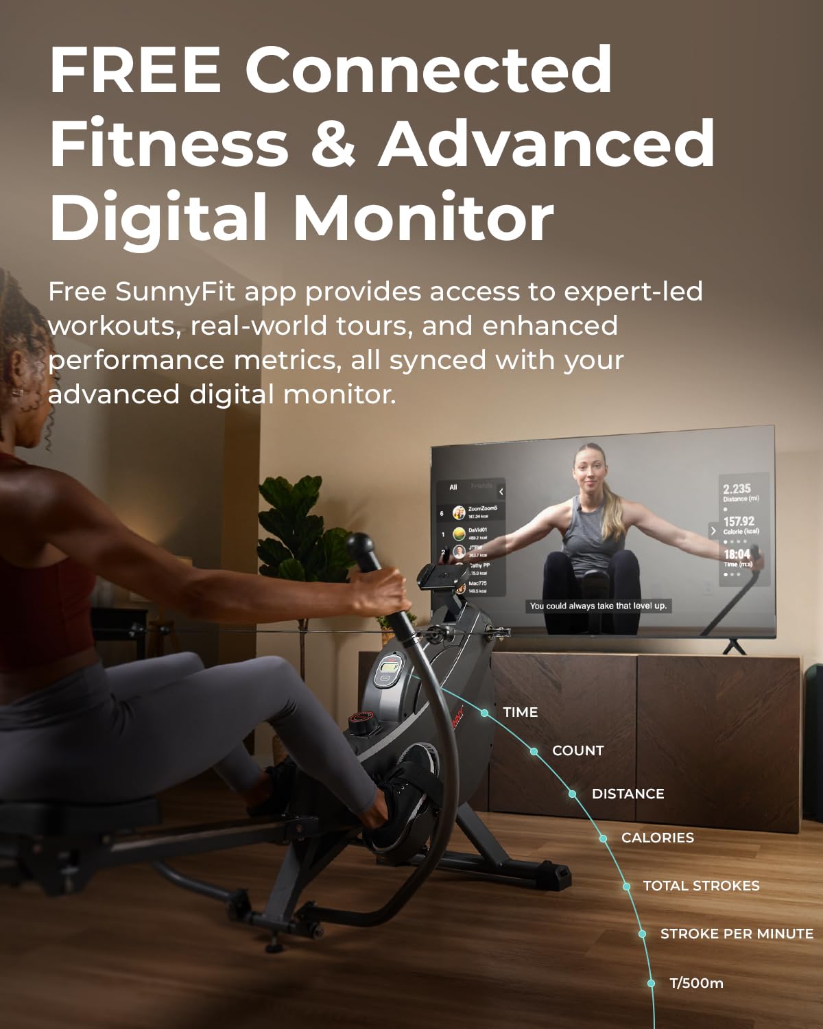 Sunny Health & Fitness Magnetic Rowing Machine with Extended Slide Rail, Full-Body Workout, Low-Impact, Innovative Full Motion or Premium Water Motion and Optional Exclusive Free SunnyFit App