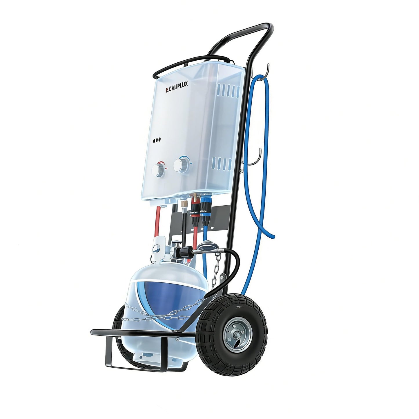 CAMPLUX Dolly Hand Cart for Portable Tankless Water Heaters, 220 lb. Capacity, 10" Pneumatic Wheels, 4 Side Hooks, Mobile Hot Water Washing Station for Horse Stables, Pet Grooming, Hunting & Camping