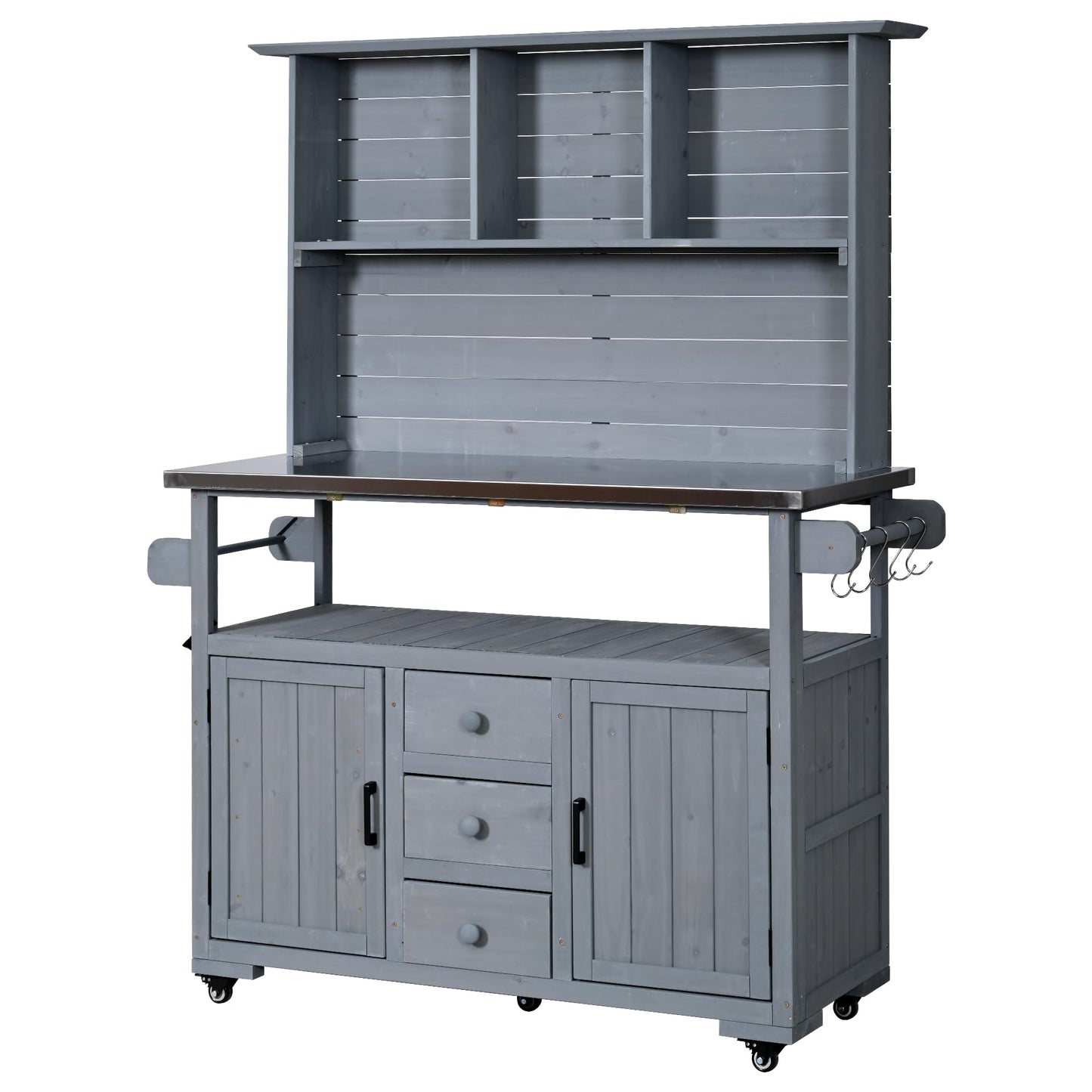 GDFStudio Preden Outdoor Storage Bench Table with Cabinet, Patio Wooden Potting Bench, Garden Storage Work Bench with Stainless Steel Top, Drawers, Cabinets, Shelves and Hooks, Kitchen Island, Gray