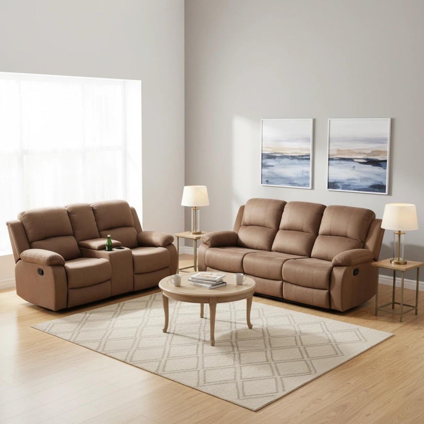 Trygoal Manual Recliner Sofa Set, Pineapple Velvet Reclining Living Room Furniture Set, Adjustable Backrest Reclining Loveseat Sofa and a 3 Seater Couch Furniture Set for Living Room, Brown