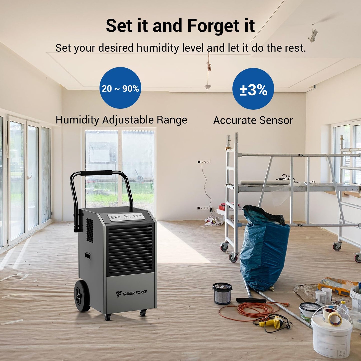 Traver Force Commercial Dehumidifier, 170 Pint Large Dehumidifier with Pump Drain Hose, Up to 7,500 sq. ft, for Crawl Space, Basement, Warehouse, Water Damage Restoration, Job Sites