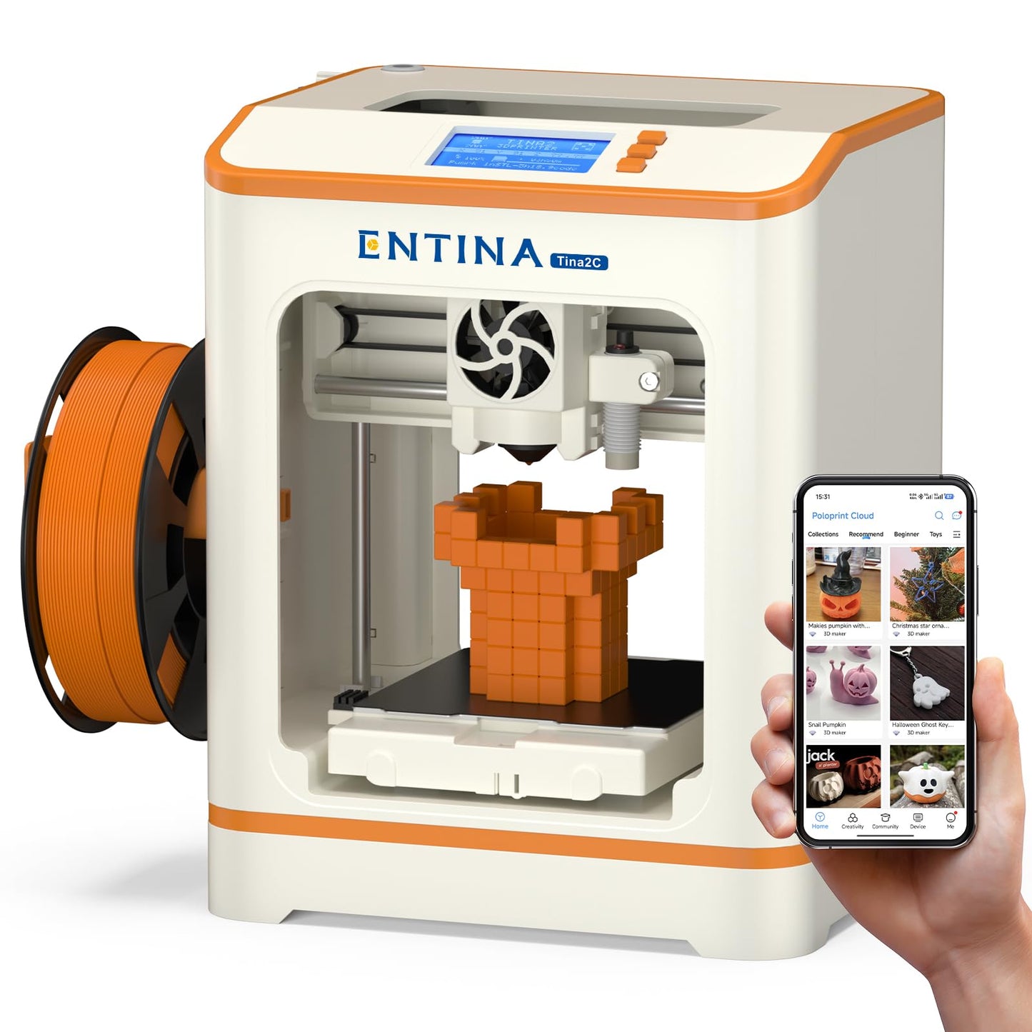 Entina Tina2C Mini 3D Printer for Kids & Beginners – Fully Assembled, Ready in 8 Minutes, App & WiFi Control, 3000+ Models, 20+ DIY Modules, Auto Leveling, High Precision for Home & STEM Learning