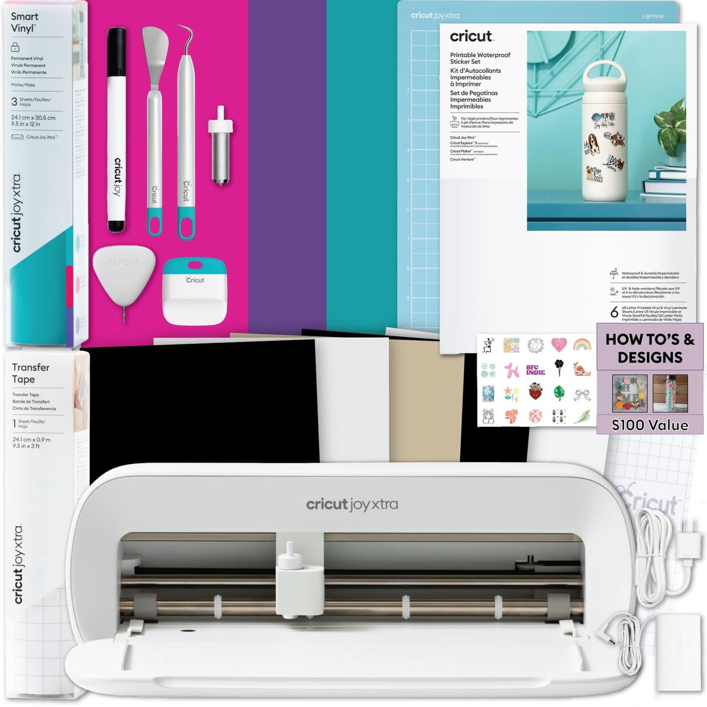 Cricut Joy Xtra Cutting Machine Ultimate Sticker Making Bundle - Includes Printable Sticker Paper, Smart Vinyl Sampler, Transfer Tape, Tools & Project Design Guides, Portable DIY Die-Cutting Machine