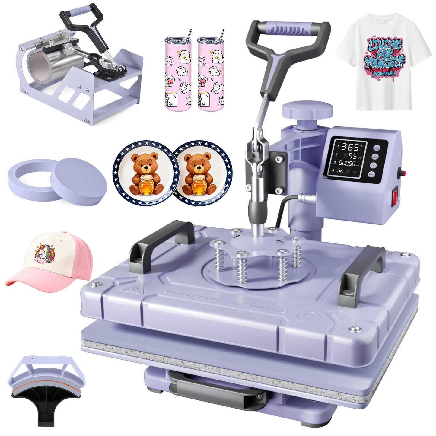 Seeutek 5 in 1 Heat Press Machine 12x15 Inch, 360° Swing Away Sublimation Heat Transfer Press with Mug, Hat & Plate Attachments for T-Shirts, Lavender