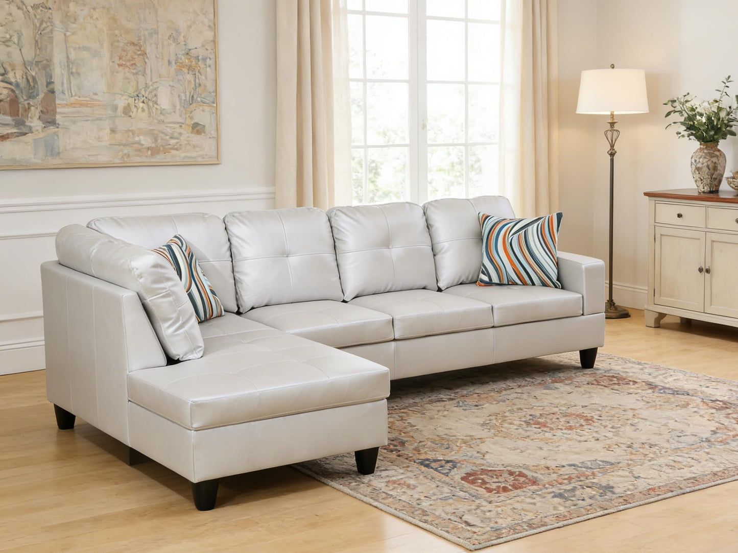Trygoal 103.5 Inch Modern L-Shaped Couch, PU Leather Sectional Sofa with Chaise Lounge, 4-Seater Couch with Accent Pillows for Living Room, Apartment, Silver Grey