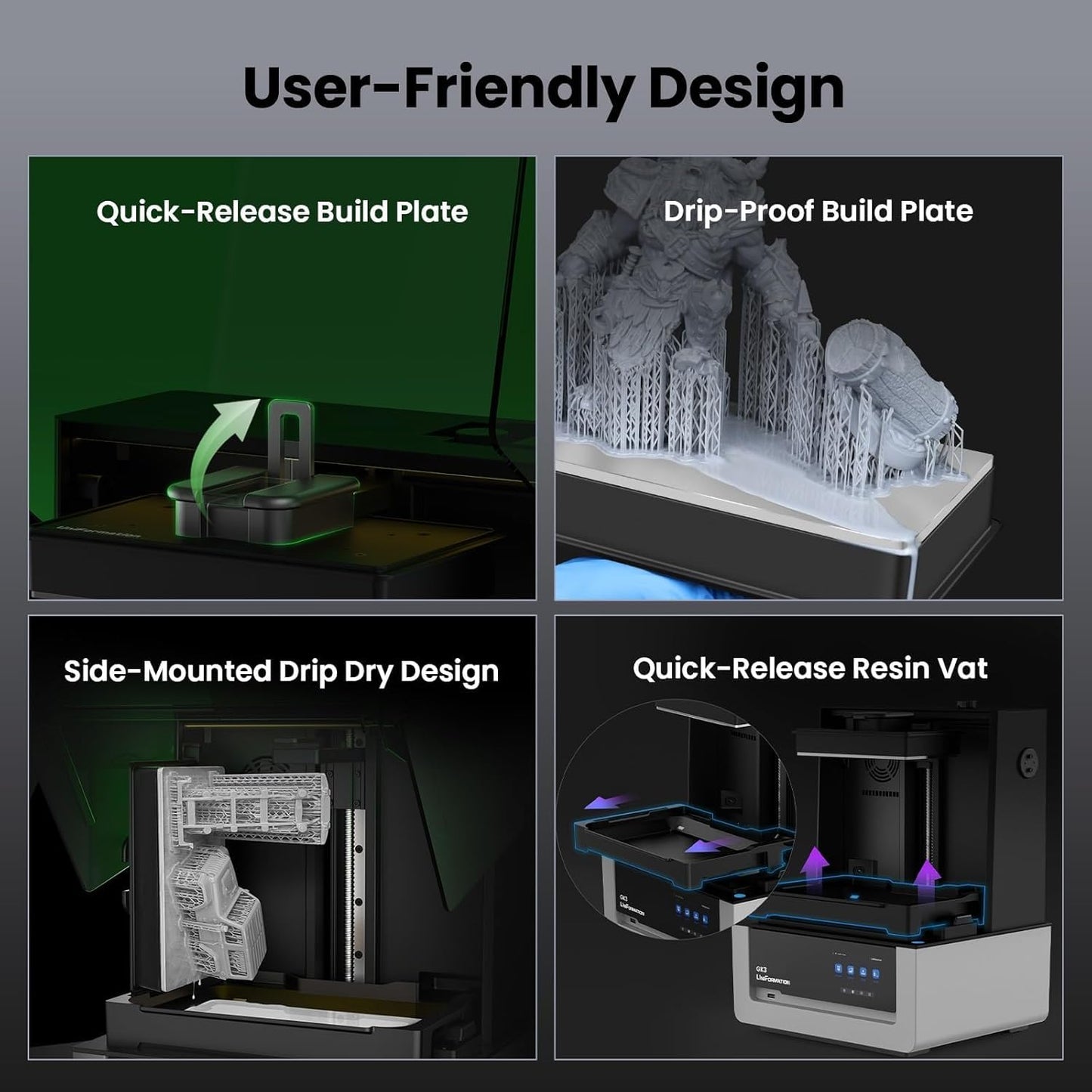 UniFormation GK3(B) Resin 3D Printer 16K HD LCD with COB Light Source 3D Resin Printer Ball Screw Z-axis & Smart Heating System & App Control 8.3 x 4.7 x 9.5 Inches Large Build Volume