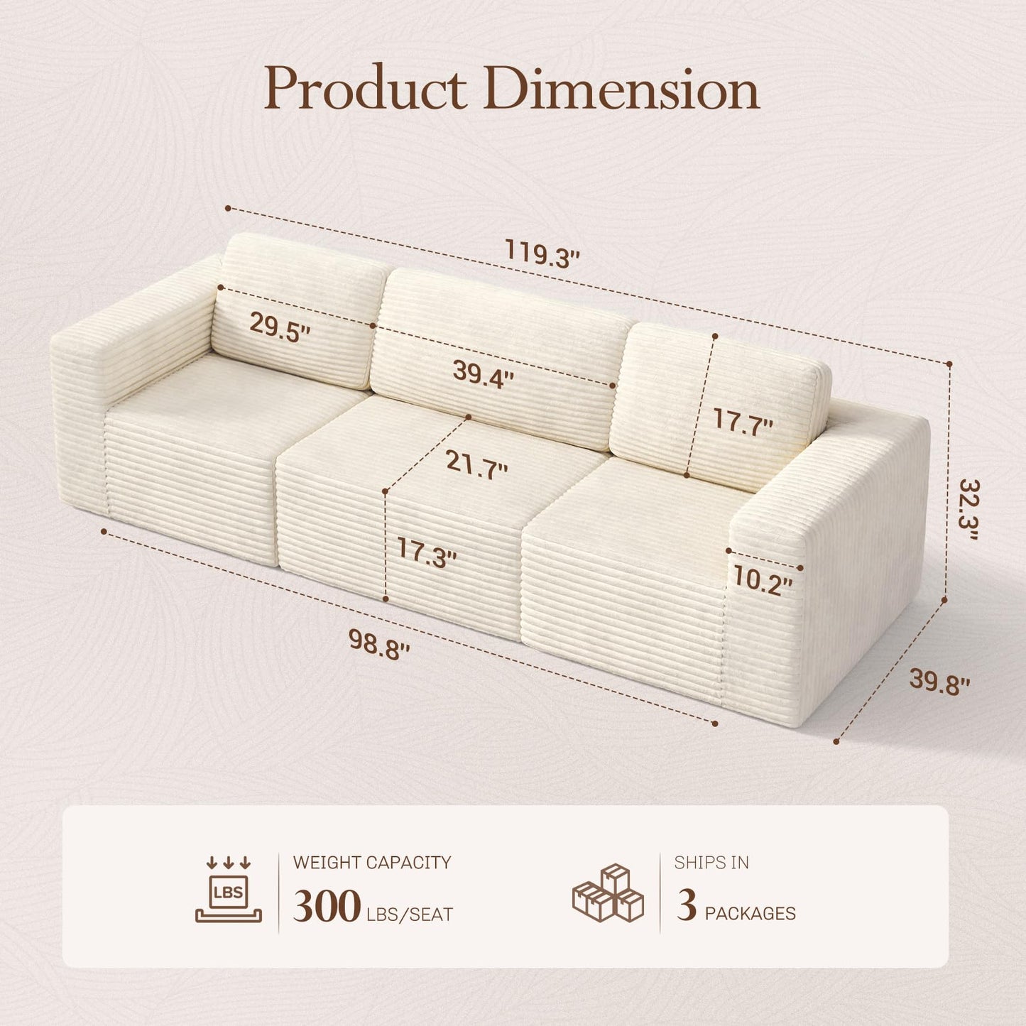 119" Modular Sofa Set, Corduroy Cloud Sectional Couch with Extra Deep Seating & Reinforced Spring System, Compact 3-Seater Boneless Sofa for Living Room & Apartment Spaces, Tool-Free Setup, Beige