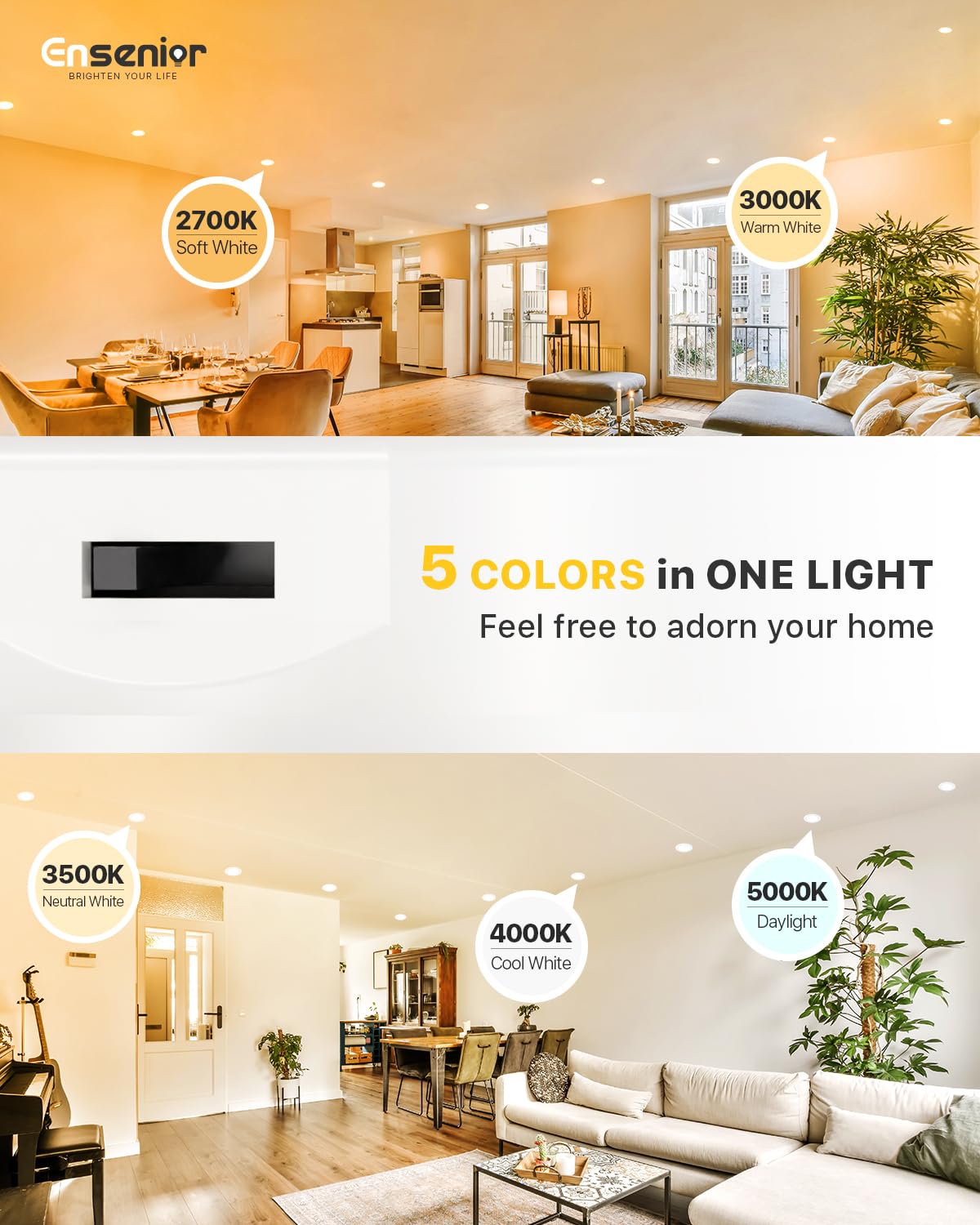 Ensenior 4 Inch LED Can Lights 12 Pack, Dimmable, 5CCT 2700K-5000K, 7W=77W, IC & Damp Rated