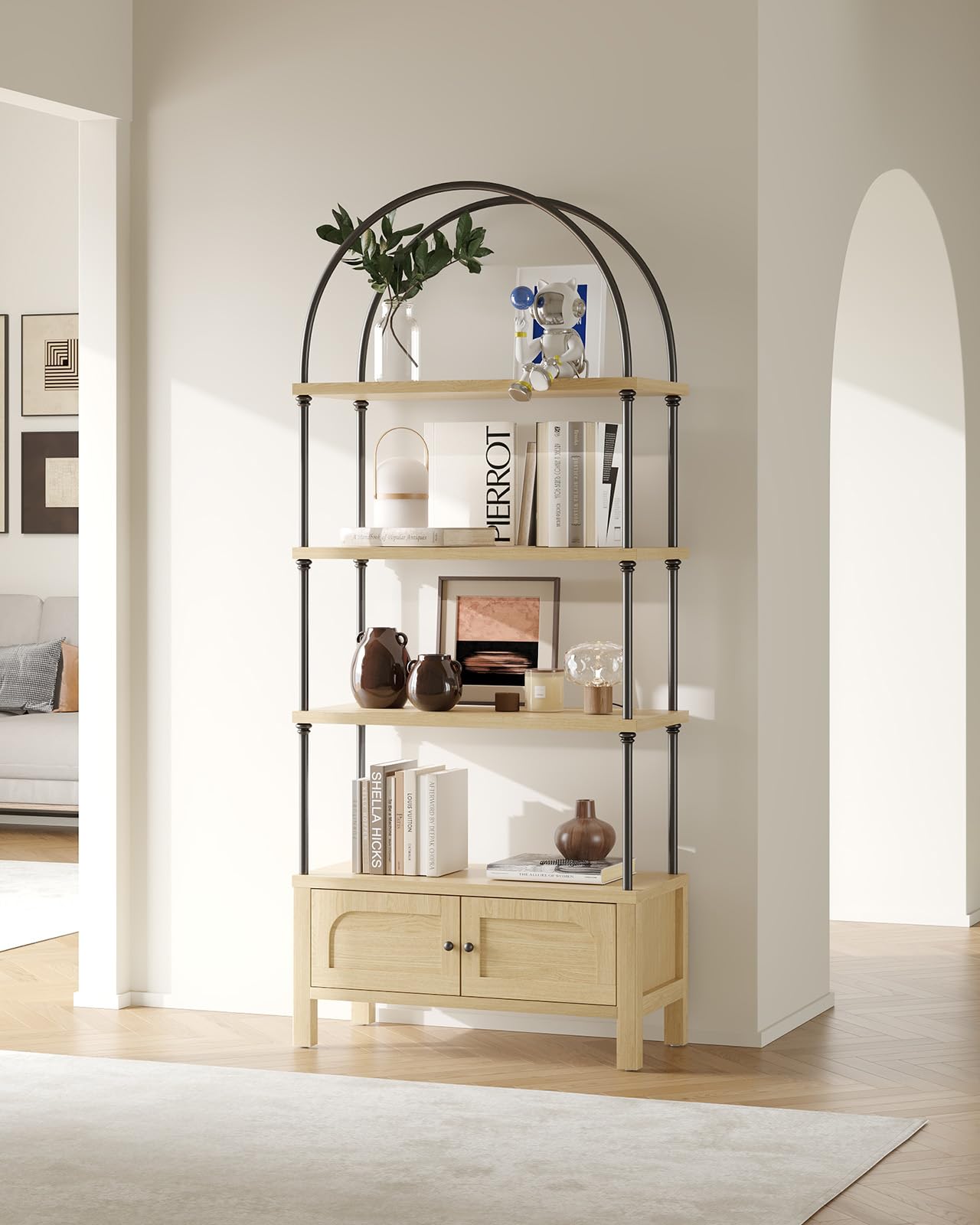 GOUUN Arched Bookshelf with Door 71 Inches Tall Arch Bookcase Oak Book Shelf with Storage Cabinet Heavy-Duty Shelving Board Aesthetic Display Shelving Unit for Living Room/Office