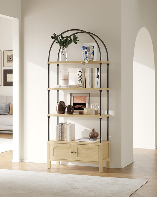 GOUUN Arched Bookshelf with Door 71 Inches Tall Arch Bookcase Oak Book Shelf with Storage Cabinet Heavy-Duty Shelving Board Aesthetic Display Shelving Unit for Living Room/Office