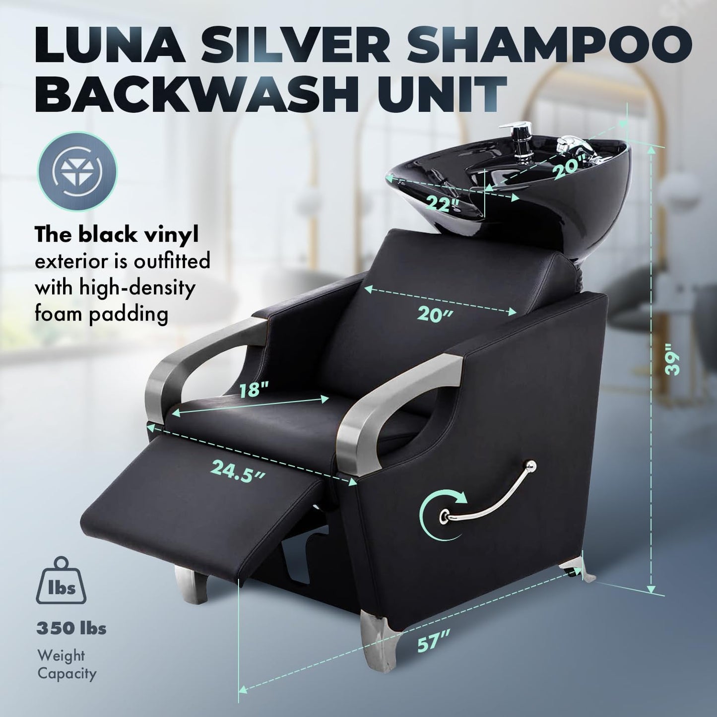 Buy-Rite Luna Shampoo Backwash Station with Black Tilting Porcelain Bowl, Extra Wide Seat with Leg Rest, Brushed Chrome Armrests, Single-Handle Faucet & Vacuum Breaker, YLG-583-1 (Black Sink)