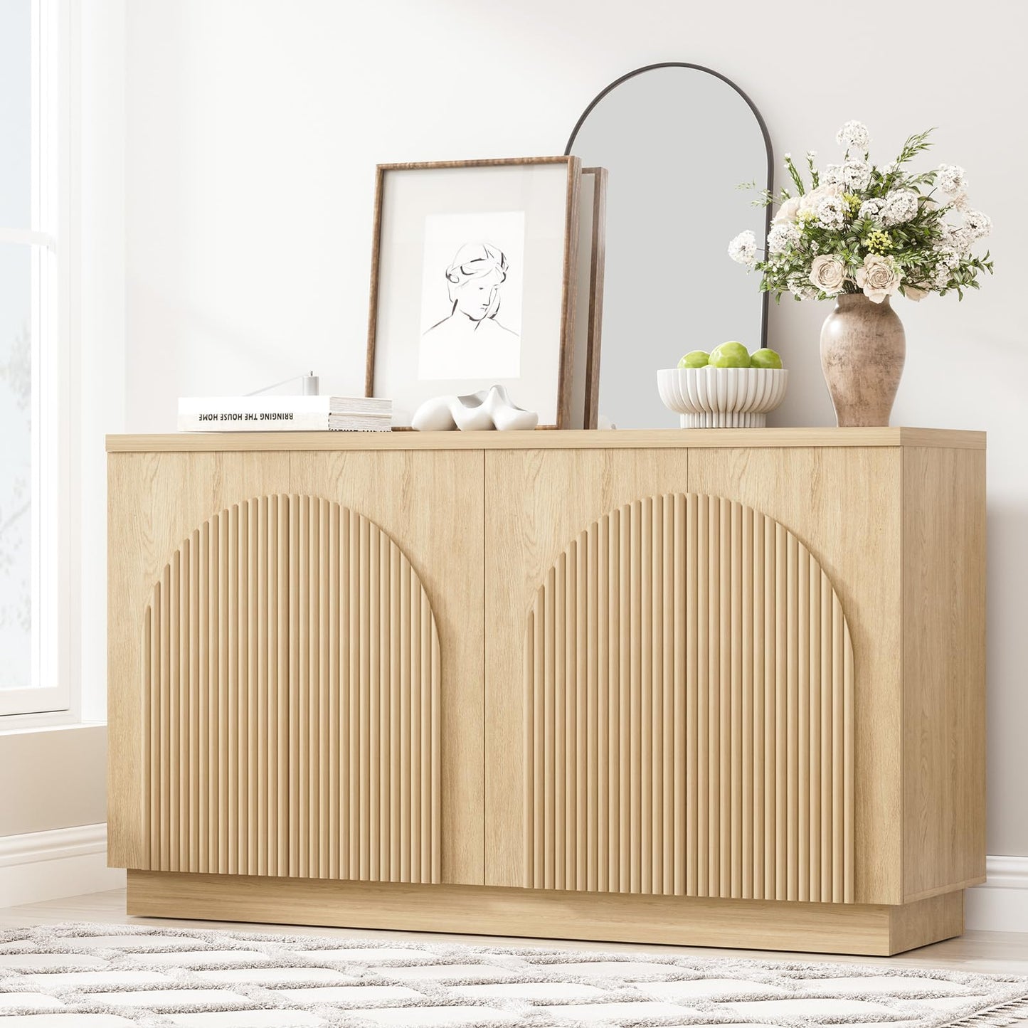 Yechen 55" Fluted Sideboard Buffet Cabinet with Storage, Wood Mid Century Modern Credenza Cabinet w/Arched Reeded Doors & Adjustable Shelves for Kitchen, Living Room, Entryway, Natural