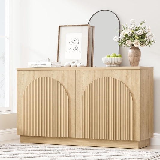 Yechen 55" Fluted Sideboard Buffet Cabinet with Storage, Wood Mid Century Modern Credenza Cabinet w/Arched Reeded Doors & Adjustable Shelves for Kitchen, Living Room, Entryway, Natural