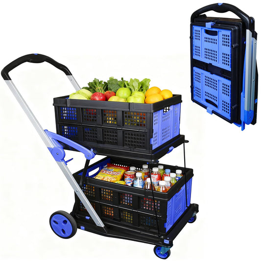 APOXCON Shopping Cart with 2 Storage Crates, Multi Use Two Tier Collapsible Cart with 360° Rolling Swivel Wheels Heavy Duty Folding Trolley for Shopping, Picnic and Office