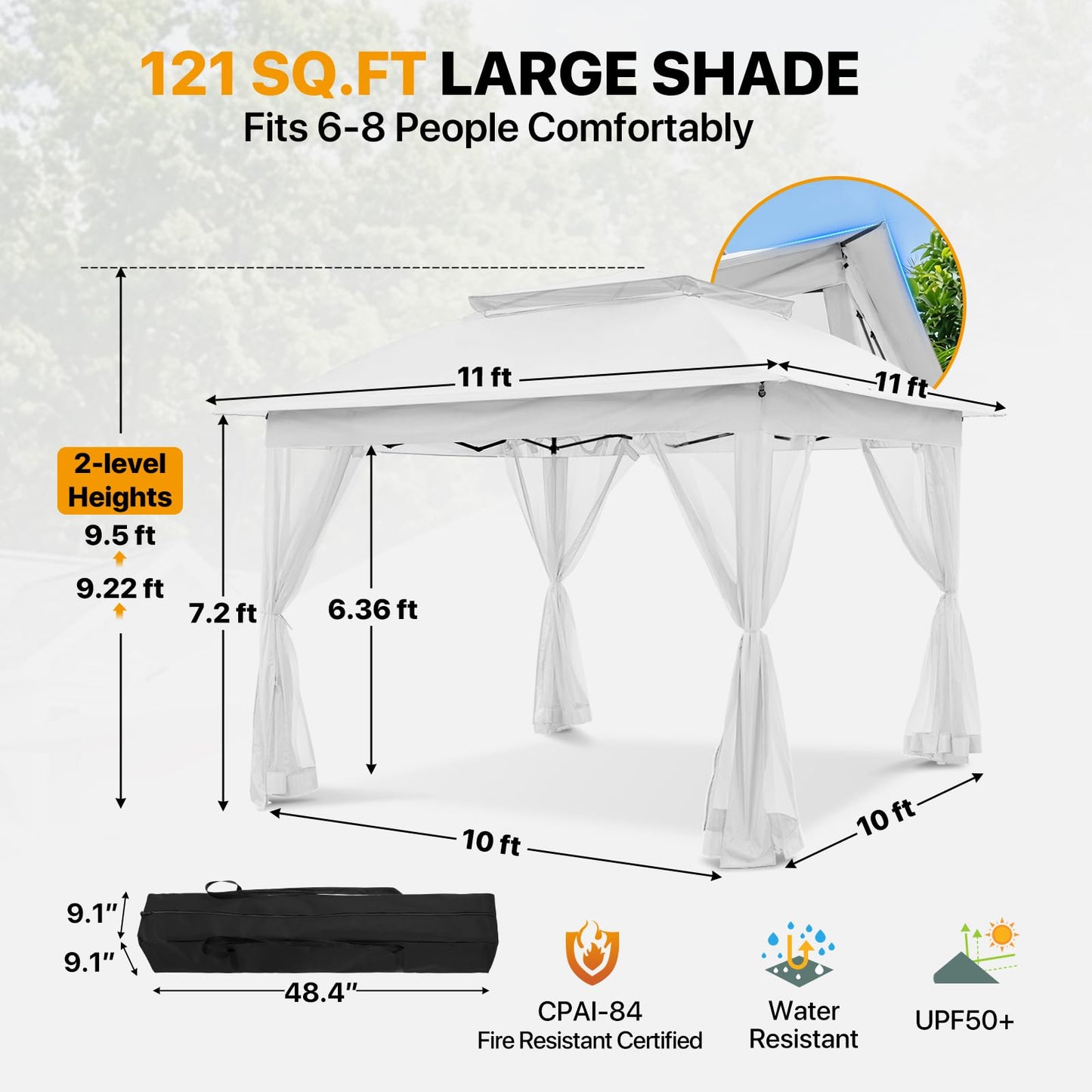 COOS BAY 11x11 Pop Up Gazebo with Mesh Netting, Instant Outdoor Canopy Tent, Water Resistant Shelter with UPF 50+ UV Protection, 121 Sq Ft Coverage, White