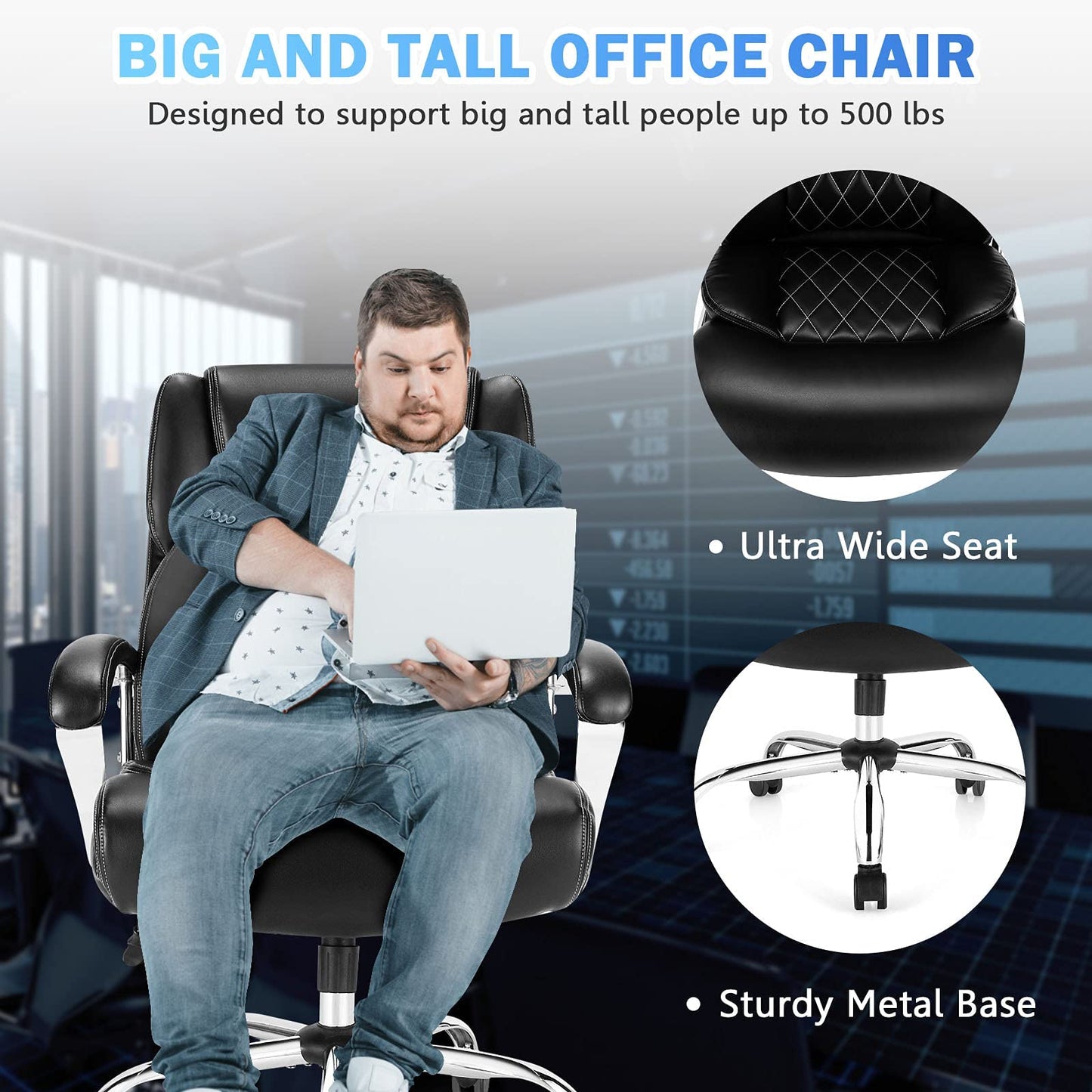 Giantex 500LBS Leather Office Chair, Height Adjustable Big and Tall Executive Chair, Computer Desk Chair w/Metal Base, Padded Armrest, Rocking Backrest, Swivel Task Chair w/Extra Wide Seat, Black