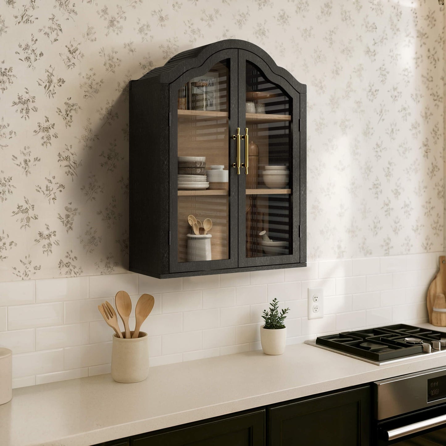 Laundry Wall Mounted Storage Cabinets with Adjustable Shelf,Glass Display Wall Cabinet with Tempered Glass Doors,Arched Wall Medicine Cabinet for Kitchen,Bathroom,Laundry room,Living Room,Black