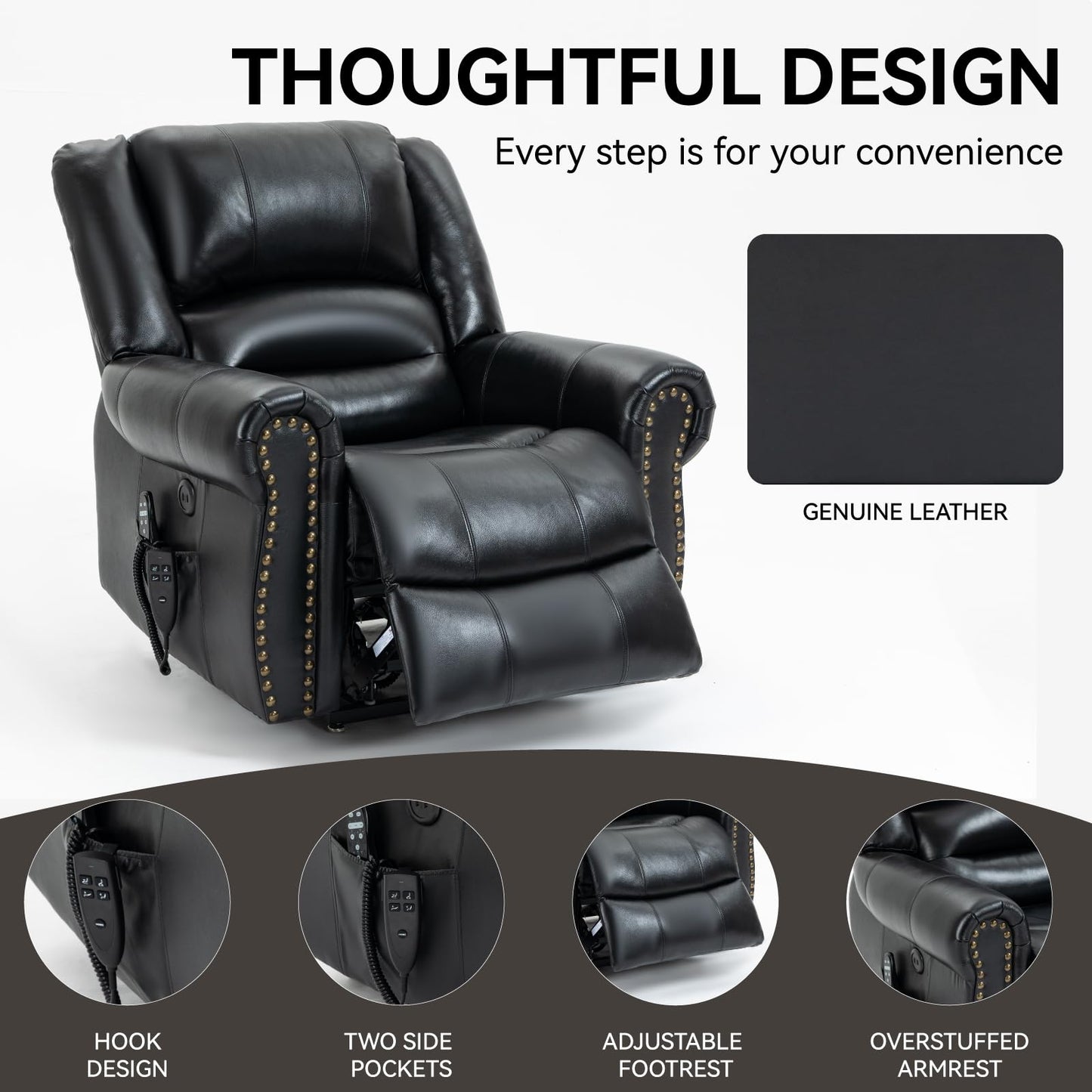 KEIKI Oversized Power Lift Recliner Rocking Chair for Adult, Genuine Leather Mid Century Modern Accent Chair with Back Message & Heat USB Port, Adjustable Home Theater Seating for Living Room, Black