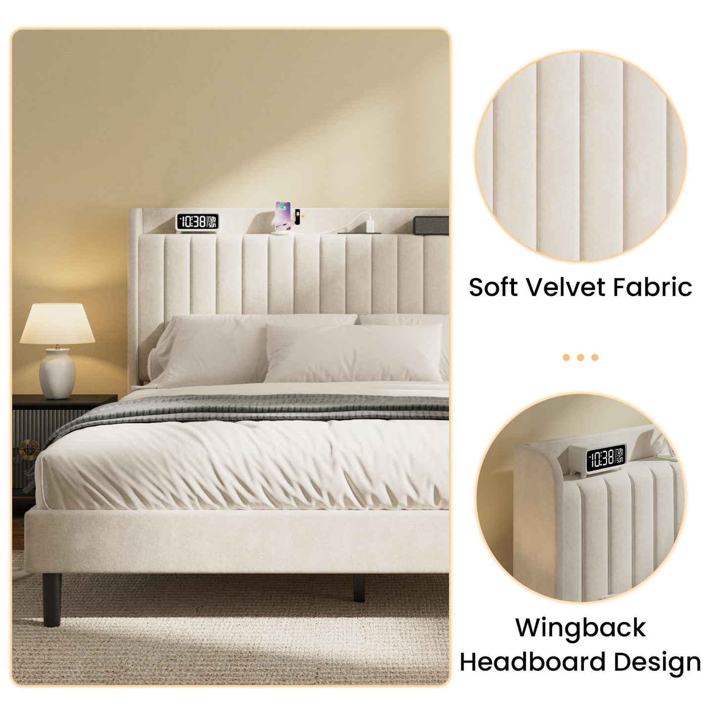 Mxhtcewz Full Velvet Bed Frame with Storage Headboard & Charging Station