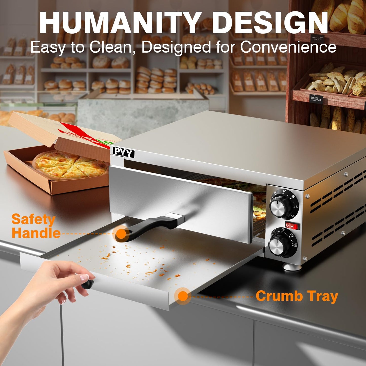 PYY Pizza Oven Indoor Electric Countertop Commercial Pizza maker with Crumb Tray Stainless Steel Pizza Cooker Machine for Home