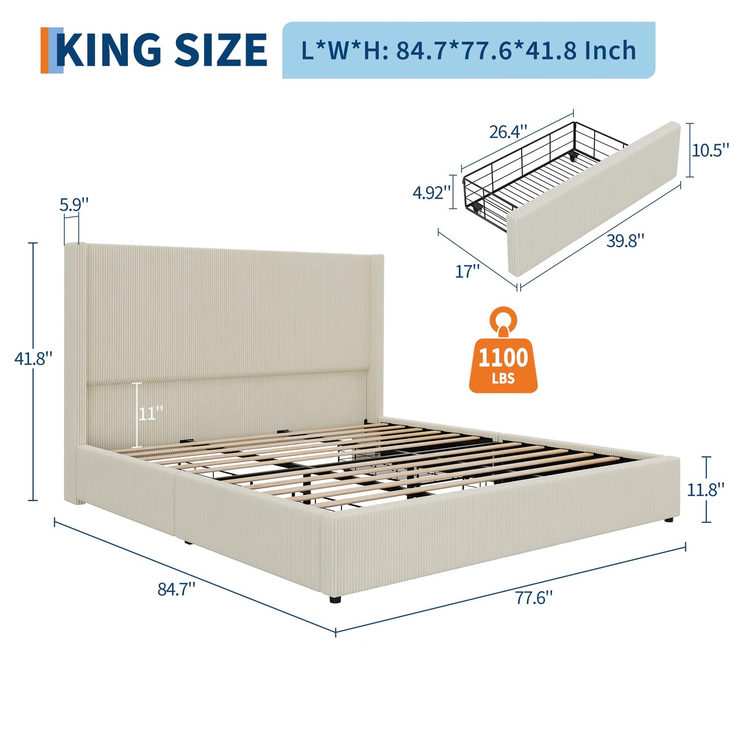 GAOMON King Bed Frame with 4 Storage Drawers, Corduroy Upholstered Platform King Size Bed Frame with Wingback Headboard, No Box Spring Needed, Easy Assembly, Beige