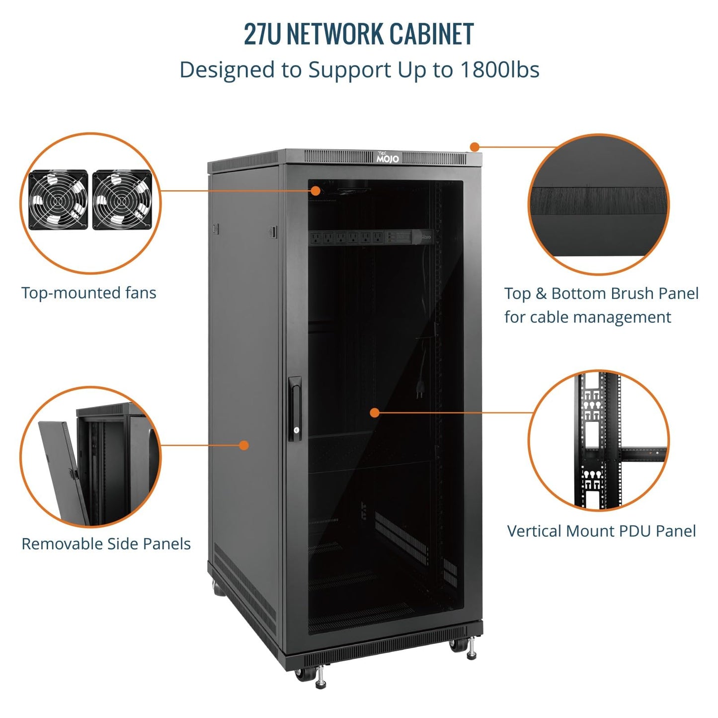 Tecmojo Network Rack Cabinet,27U Server Rack,31.5 Inch Depth,Hold Up to 1800Lbs,Lockable Cabinet with Casters and Complete Accessories,Clear Door,for Home,Office,Small Business (27U 23.6" w*31.5" d)