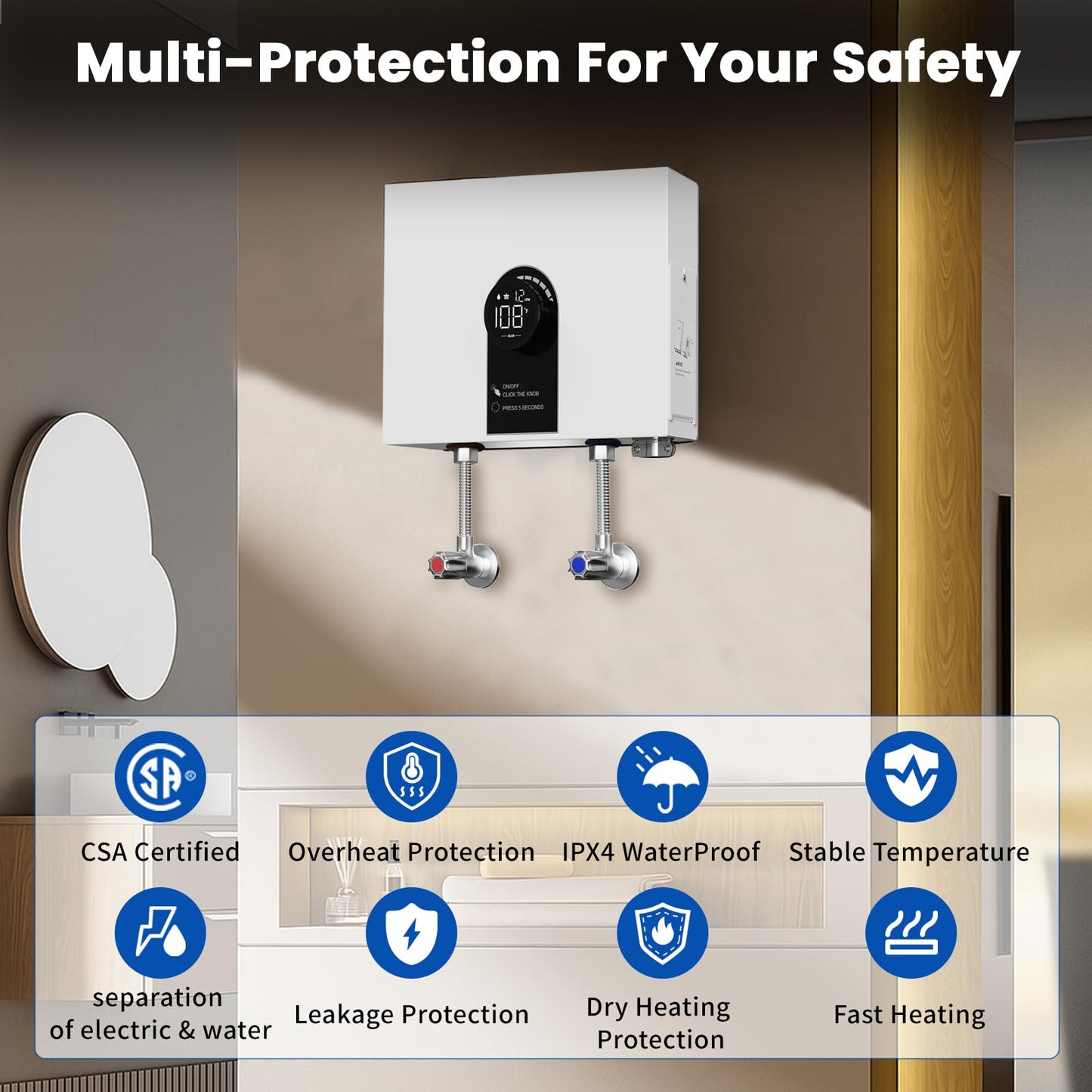 Tankless Water Heater Electric, 13kW 240Volt On Demand Instant Hot Water Heater with LED Digital Display Self-modulating, Overheating Protection, CSA Certified, Up to 3.38 GPM for 2-3 Point of Use