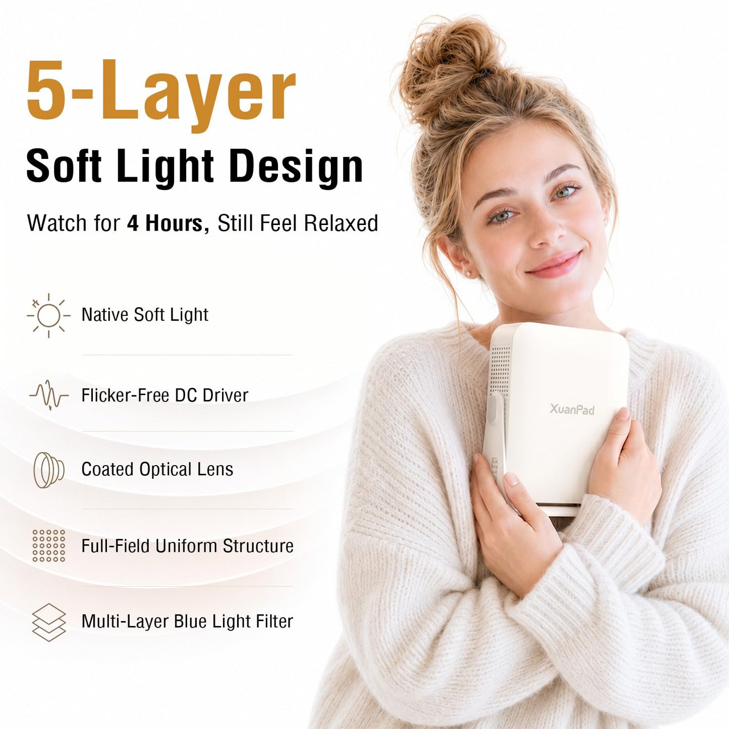 [Officially-Licensed App & Auto Focus]White Smart Mini Projector with WiFi and Bluetooth, XuanPad 4K Support Movie Projector, Portable Native 1080P Outdoor Projector with 360° Stand