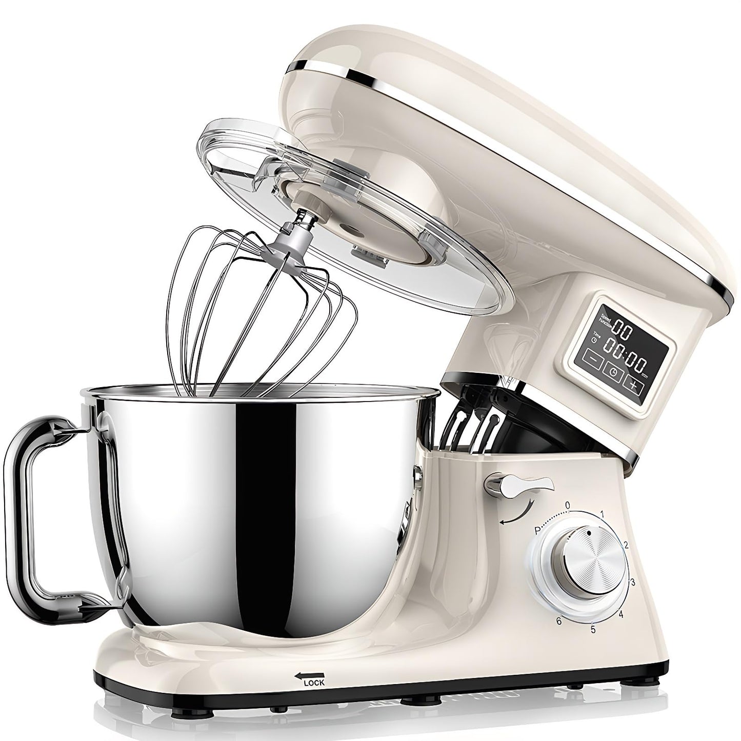 Stand Mixer with LED Display & Timer 6.5QT Stainless Steel Bowl, 1350W 6-Speeds Electric Kitchen Stand Up Mixer for Baking Cakes Cookie Bread Salad Food with Egg Whisk, Dough Hook, Beater - White
