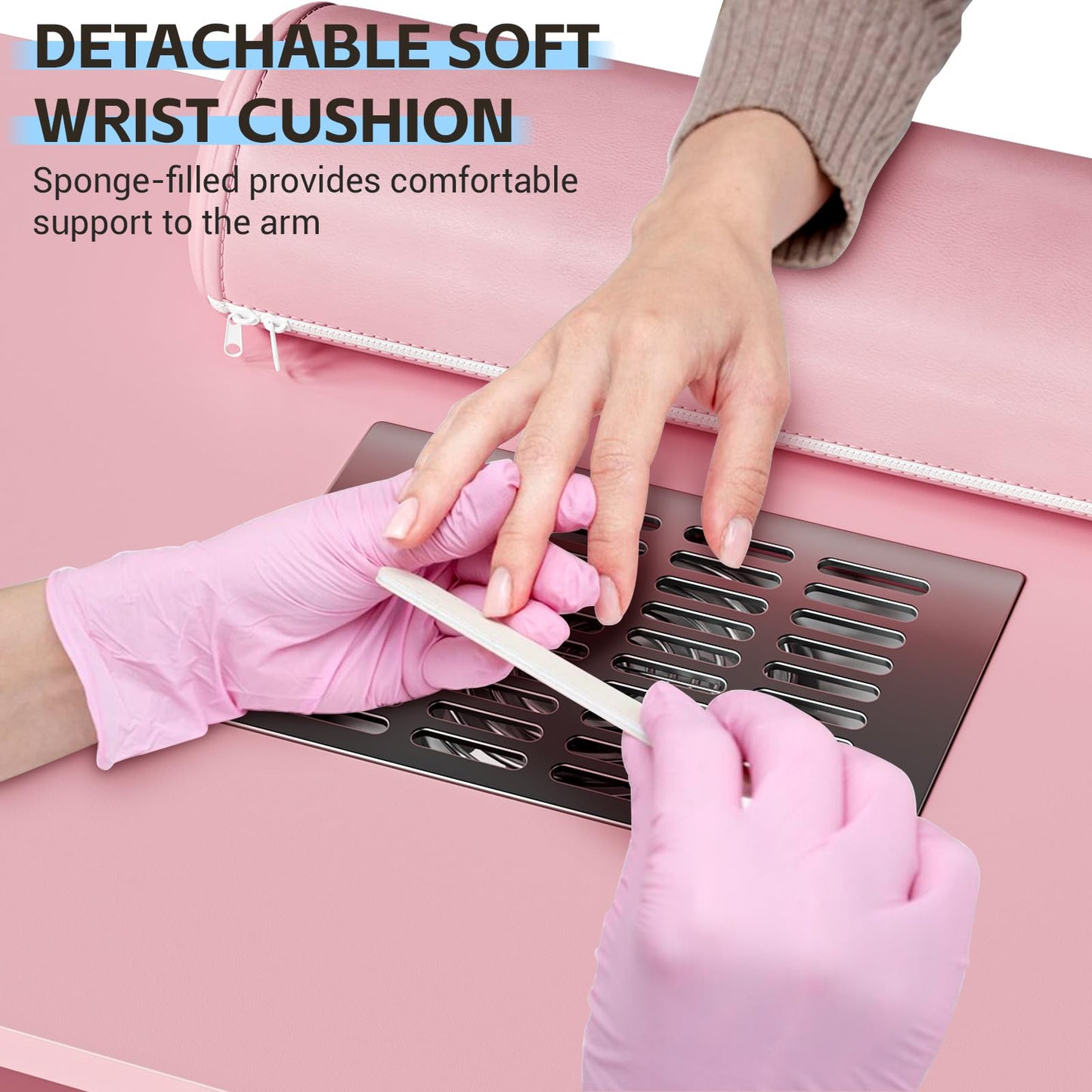 Manicure Table with Dust Collector, 42" Nail Desk for Nail Tech with Lockable Wheels, 4 Storage Drawers, Arm Rest, Acetone Resistant Top and Storage Cabinet Pink