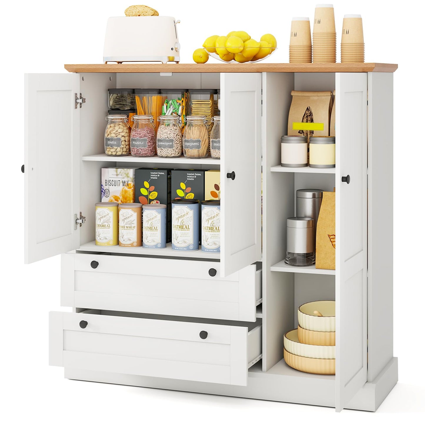 LOKO 47.5” Tall Buffet Cabinet with Storage, Modern Storage Cabinet with 3 Doors & 2 Large Drawers, Farmhouse Kitchen Pantry with Removable Shelf for Dining Room, Living Room, Home Bar