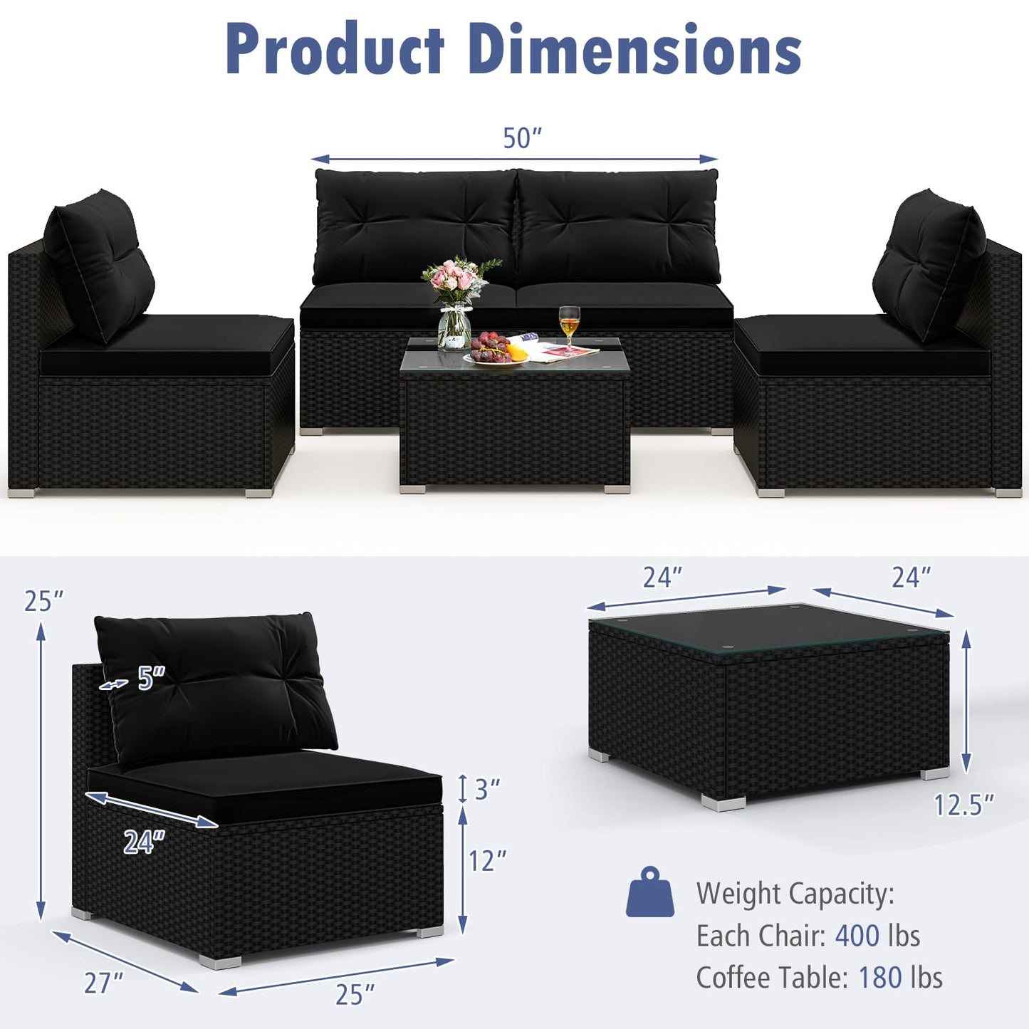 Tangkula 5 Piece Rattan Sofa Set, Outdoor Wicker Furniture Set w/Seat & Back Cushions, Square Coffee Table, Patio Sectional Sofa Set for Backyard, Poolside, Garden (Black)