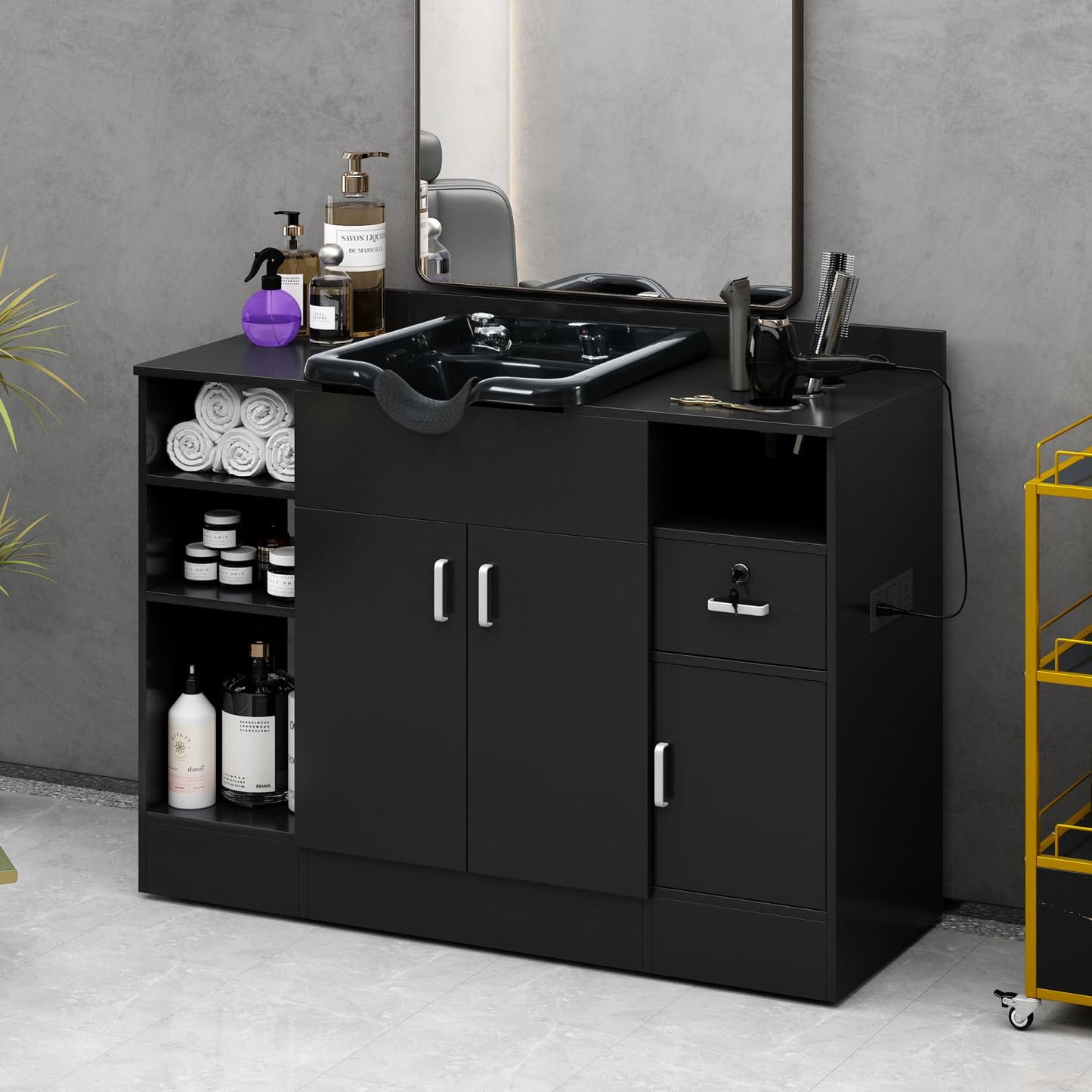 Shampoo Backwash Station for Salons, Salon Station with Shampoo Bowl & Storage Layer, Drawer, USB Port, Faucet Sprayer, Salon Equipment for Spa Beauty