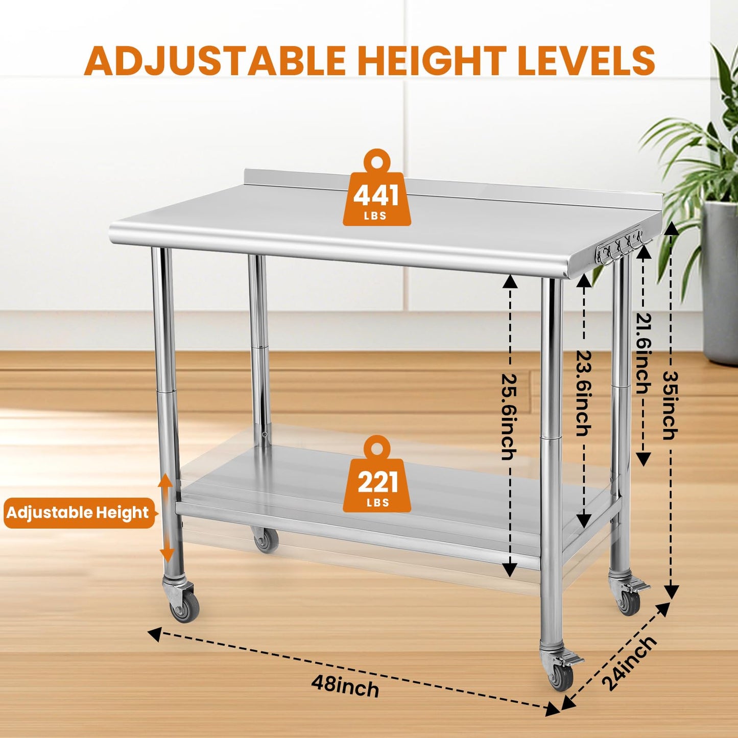 NSF Stainless Steel Table for Prep & Work, 48" x 24" with Adjustable Undershelf and Hooks, Commercial Heavy Duty Table for Restaurant, Home and Hotel