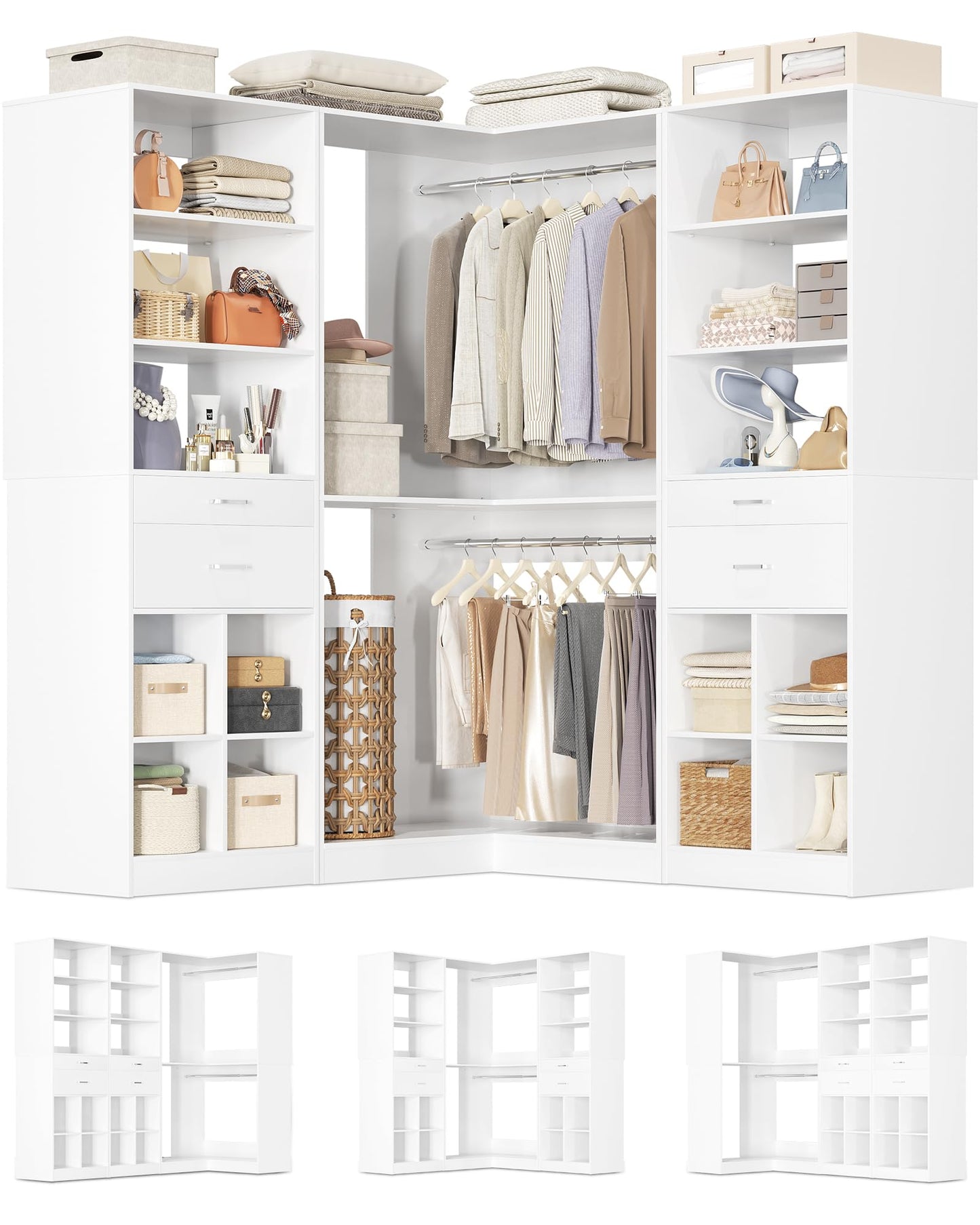 Besiost Closet System with 4 Drawers, 53.5" * 53.5"/ 31.5"*75.5" Closet Organizer System with Corner Tower, L Shaped Walk-in Closet System, Corner Closet System with Shelves, Set of 3, White