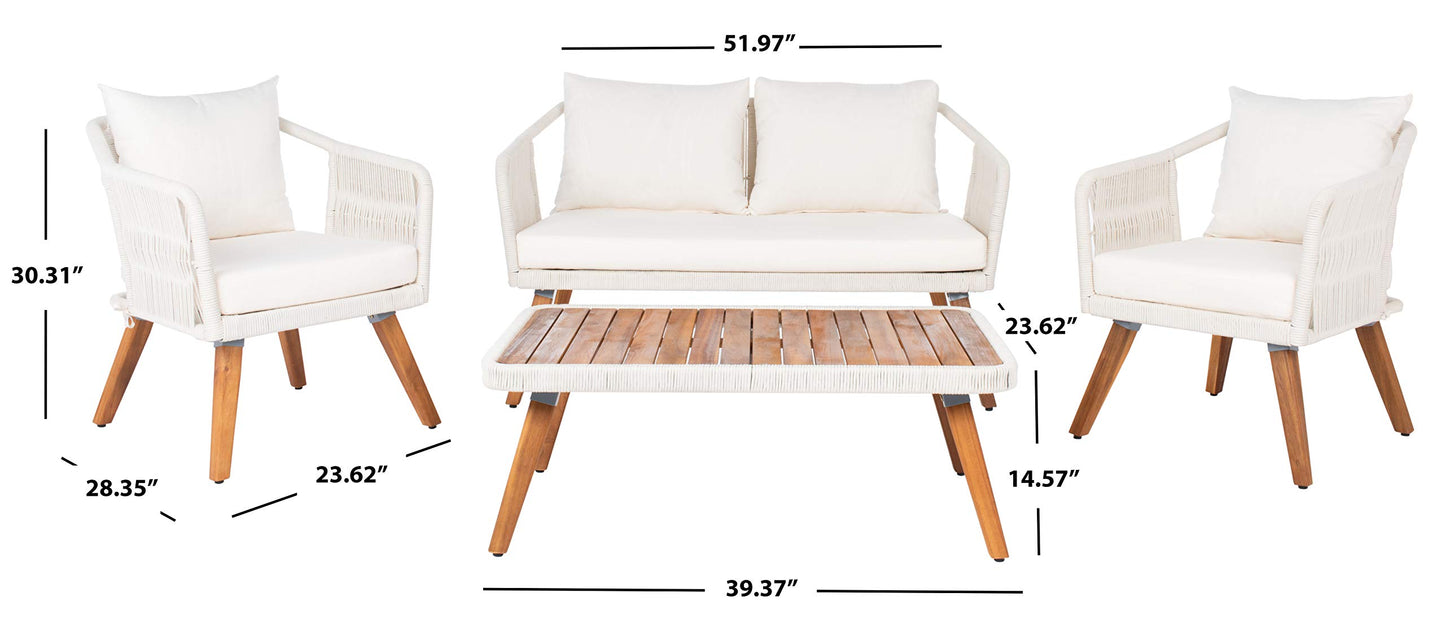 SAFAVIEH Outdoor - Raldin Beige Rope 4-Piece Patio Set, Eucalyptus Wood Conversation Set with Cushions, Outdoor Sofa, Chairs & Coffee Table (PAT7049D)
