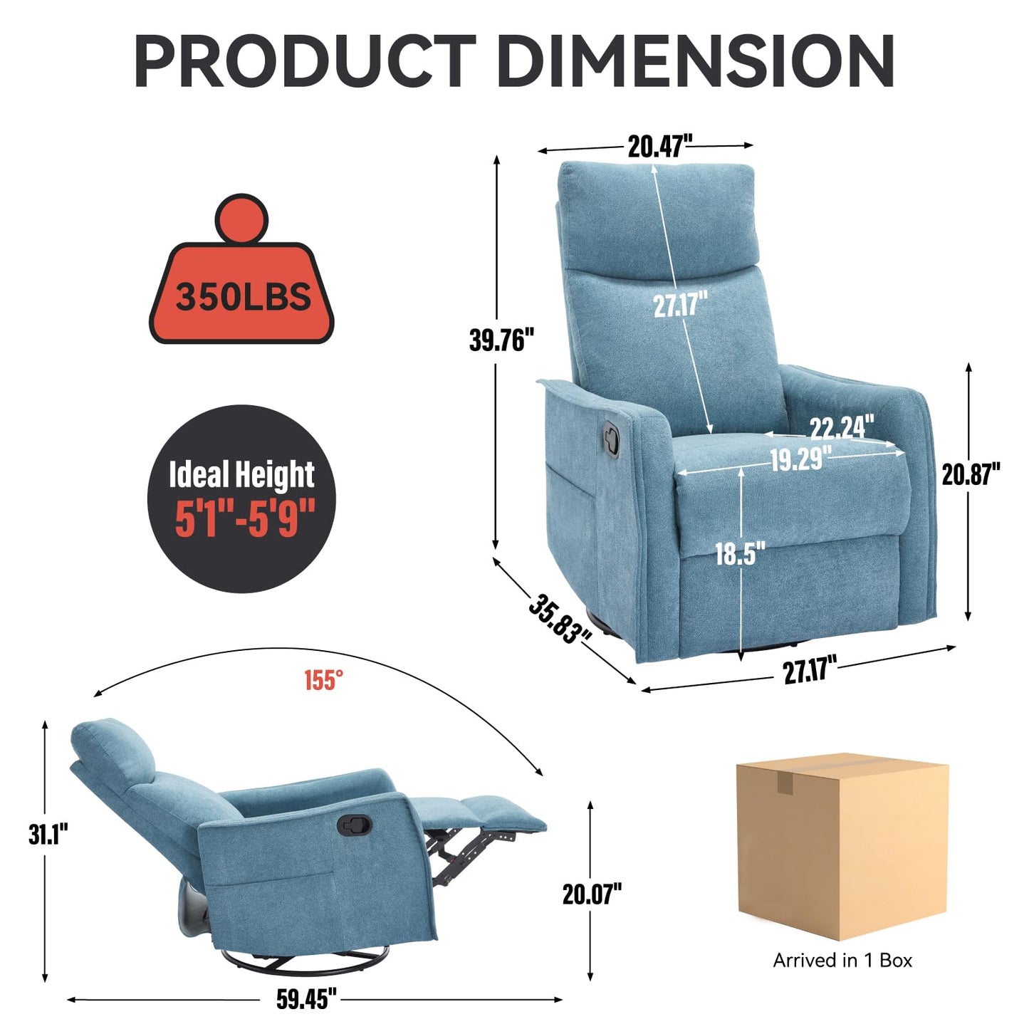 KEIKI 4-in-1 Manual Swivel Rocker Recliner Chair for Home Living Room, Polyester Chair with Back Massager & Heat, Home Theater Seating with Lumbar Support, 155 Perfect Angle Providing a Natural, Blue