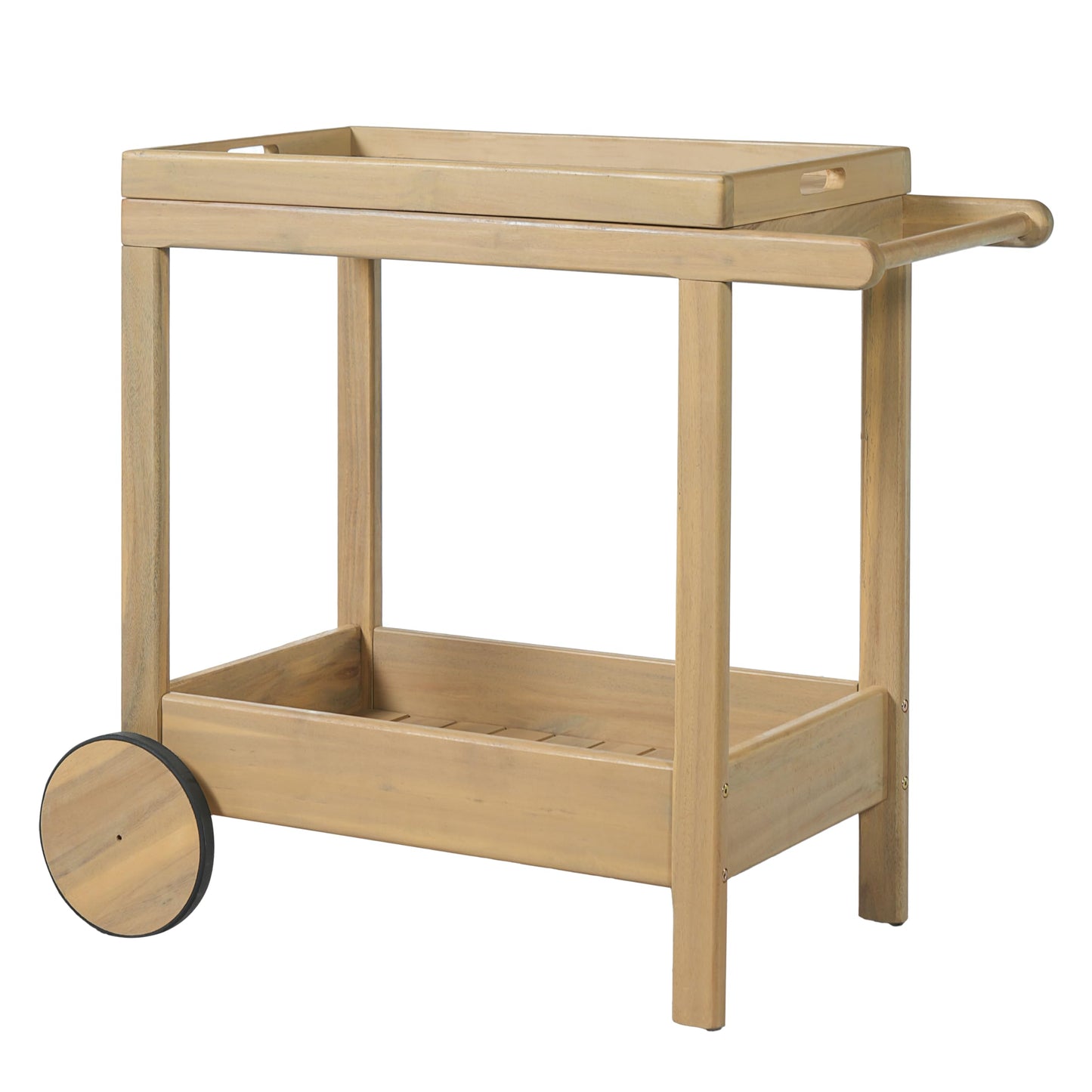 Christopher Knight Home Sara Acacia Wood Outdoor Bar Cart with Wheels, Rolling Kitchen Cart with Tray, Rolling Serving Cart for Patio, Deck & Backyard, Natural Wood