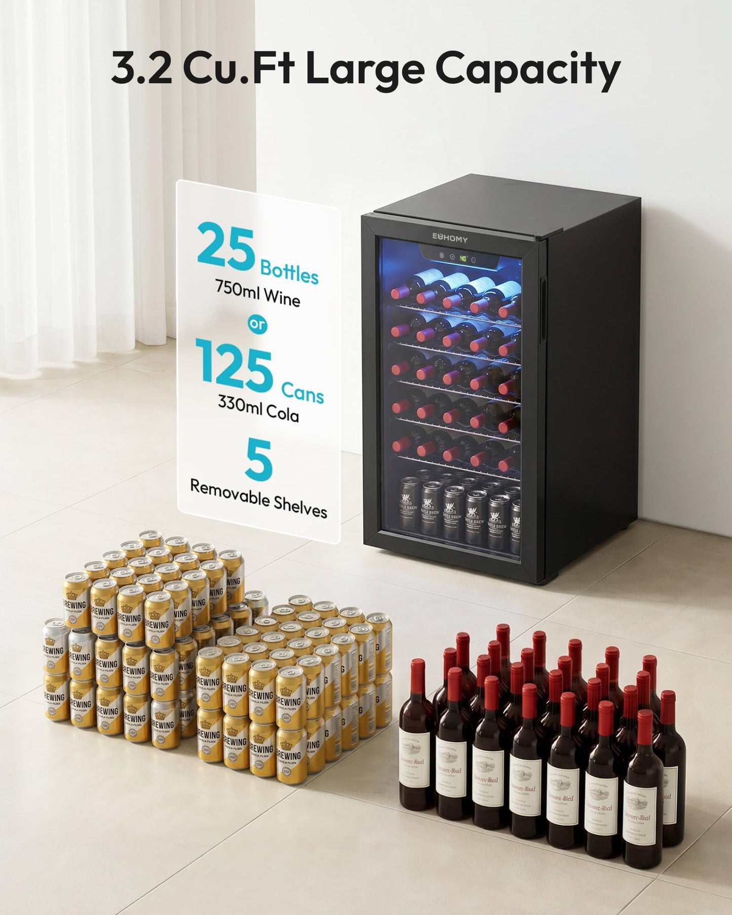 EUHOMY Beverage Refrigerator Cooler, 125 Can Mini Fridge with Glass Door for Soda Beer or Wine, Beverage Cooler for Home, Office, Bar with Removable Shelves, Black