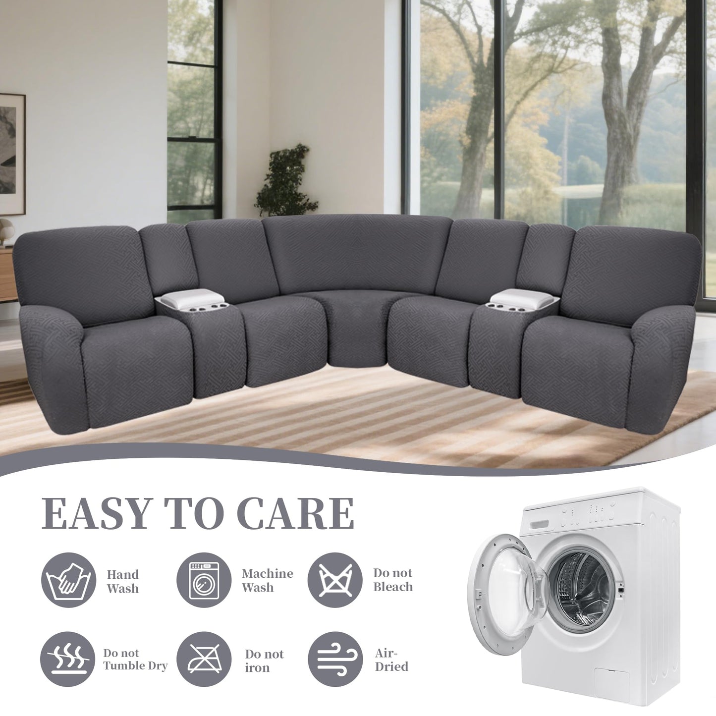 ROFASVCO 100% Waterproof Sectional Recliner Couch Covers for Reclining Couch L Shaped Corner Sectional Sofa Cover Jacquard Stretch L Shape Recliner Slipcovers (5 Seater 2 Console Cover, Deep Grey)