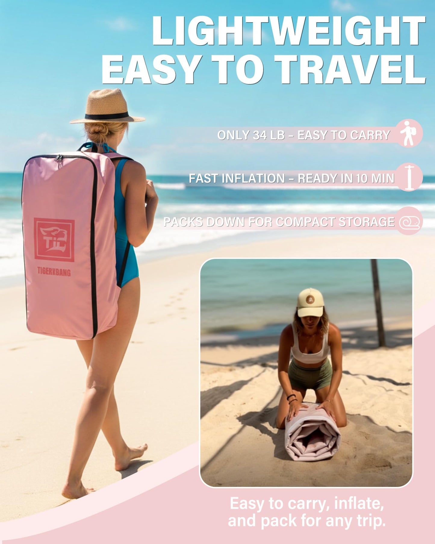 TIGERXBANG Inflatable Stand Up Paddle Board with SUP Board Accessories, Anti-Slip EVA Deck, 11' Paddleboard for Adults & Youth - All Skill Levels, Pink