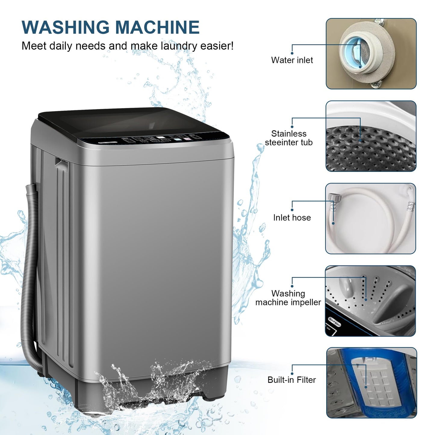 20lbs Portable Washing Machine, Fully Automatic Laundry Washer with LED Display, 10 Programs & 8 Water Levels, Top Load Clothes Washer for Apartment, Dorm, Grey