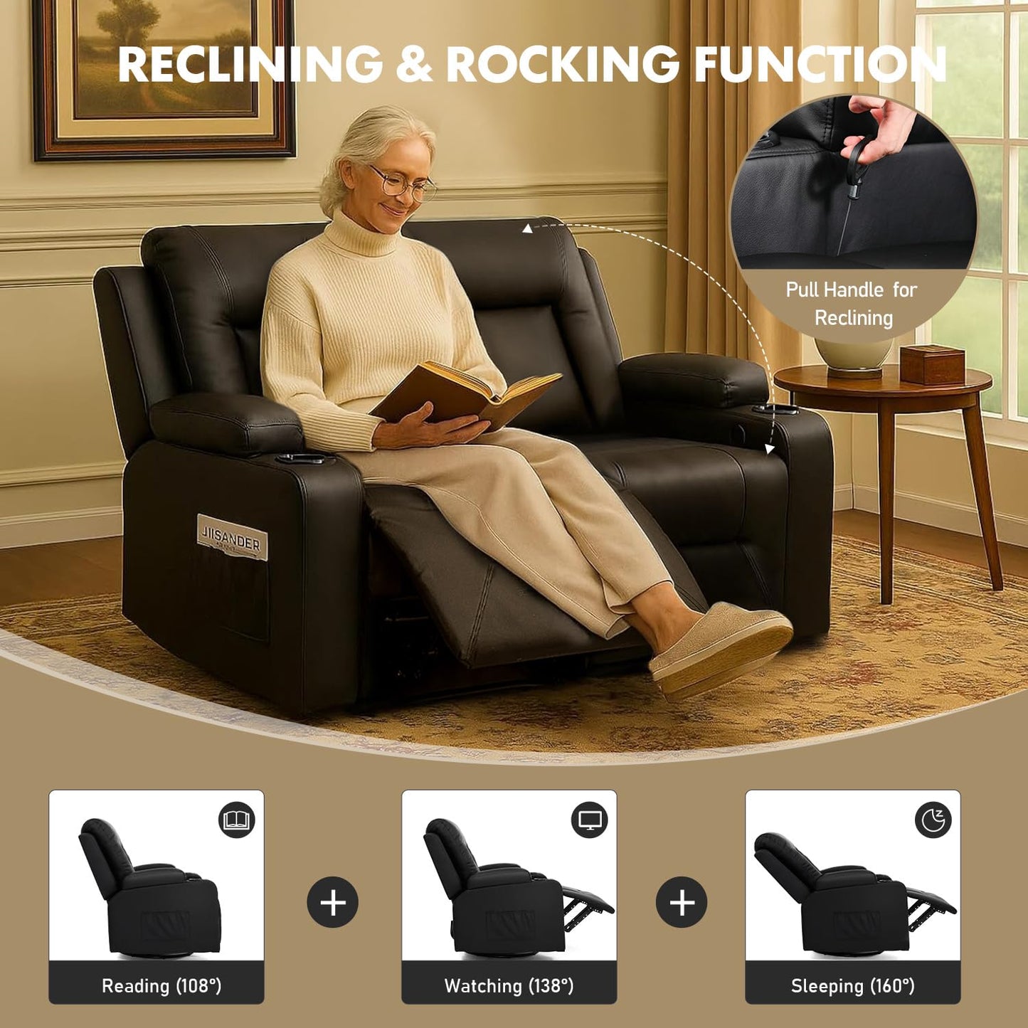 LUCKLIFE Leather Recliner Sofa Set with Manual Recliners,Living Room Furniture Set with Reclining Couch,Loveseat and Armchair,Living Room Chair with Cup Holders,Black (2)