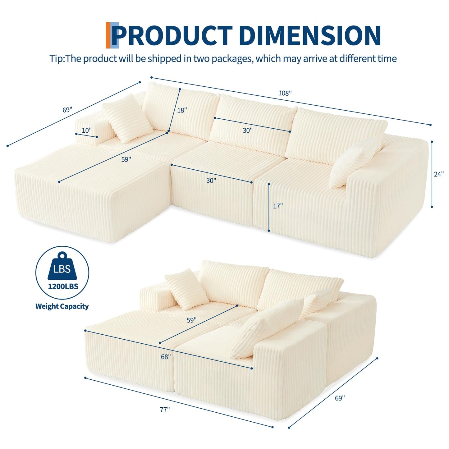108" Modular Sectional Sofa Couches for Living Room Cloud Memory Boneless Couch No Assembly Required