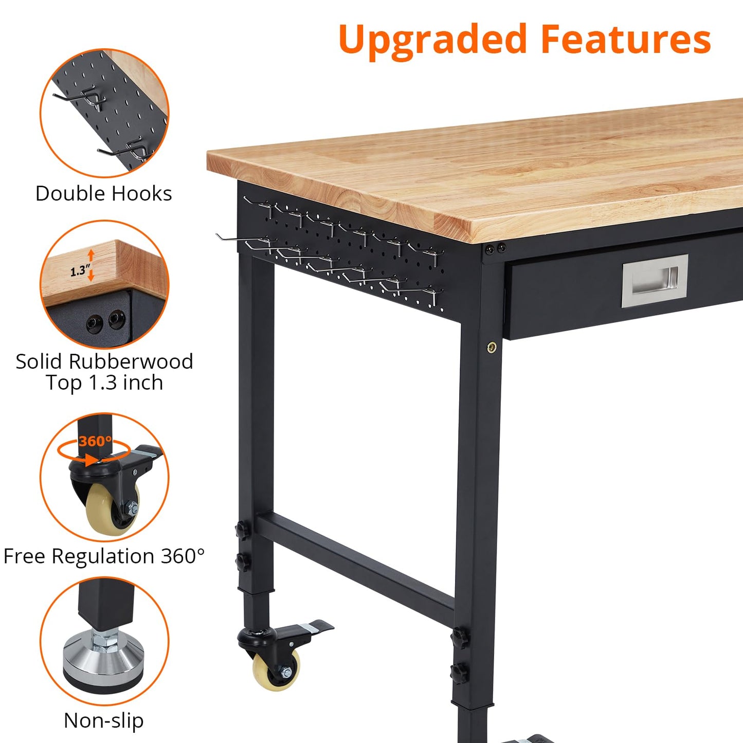 ACONEE Adjustable Height Workbench, 48" Heavy Duty 2000 LB Load Capacity, Solid Rubber Wood Top, Sturdy Metal Frame, Workstation with Drawer & 4 Rolling Casters, Power Outlets for Garage Workshop