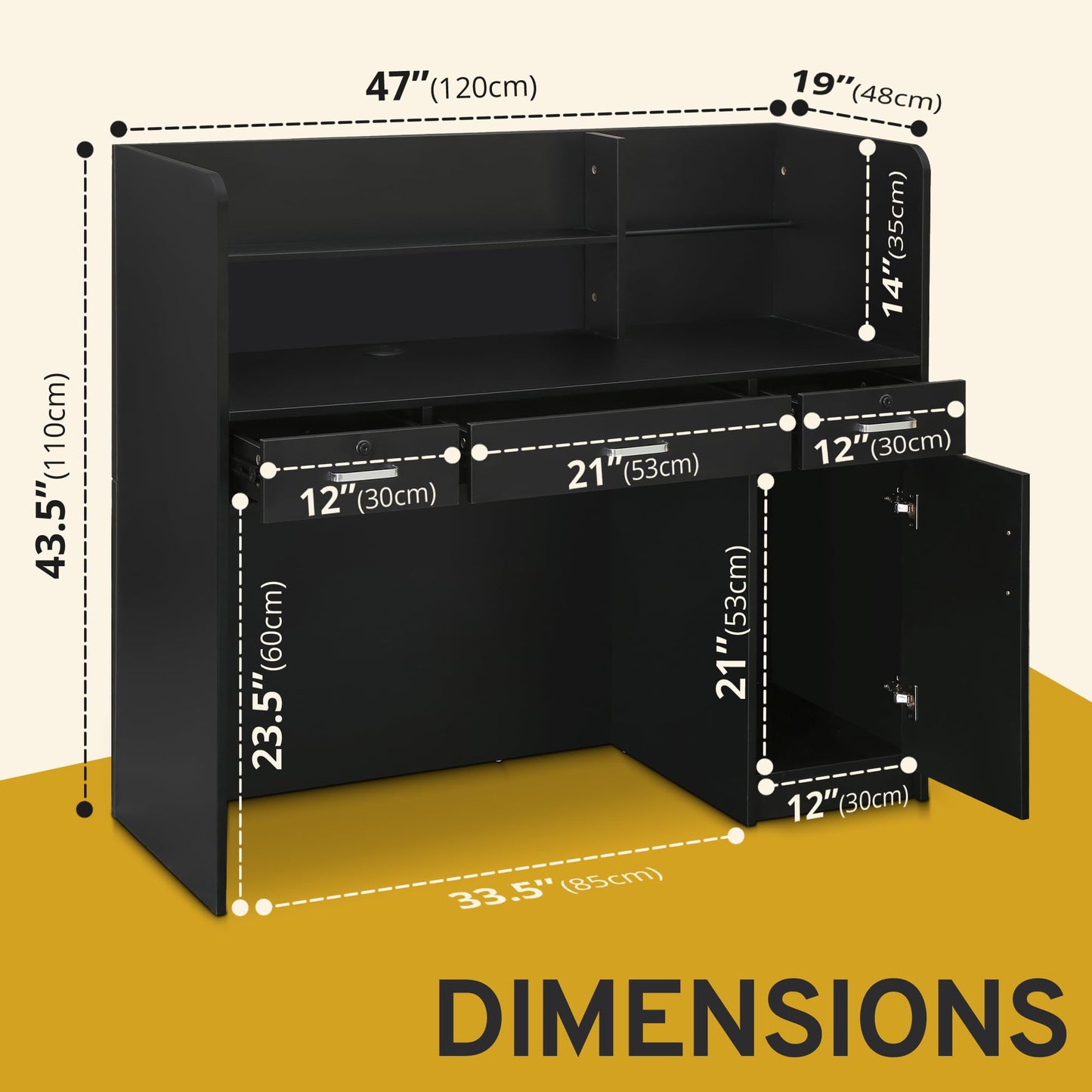 Houseables Receptionist Desk, Reception Desk with Counter, Checkout Counter, Cashier, Front Office, Small Spaces, Retail Table, Modern, Black, for Cash, Lobby, Salon, Store, Check Out/in, 47x44x19in