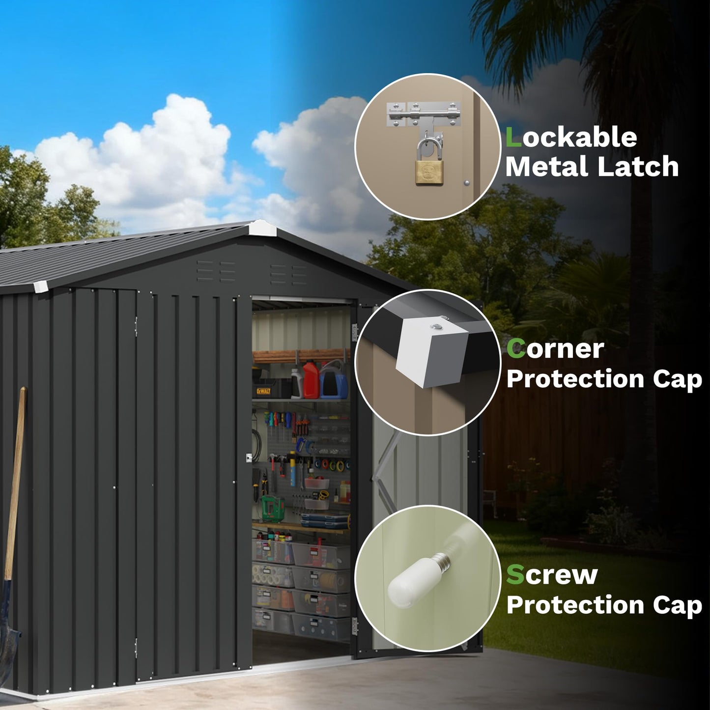 Patiowell 8x8 FT Outdoor Storage Shed, Garden Tool Storage Sheds with Sloping Roof and Double Lockable Door, Outdoor Shed for Backyard Patio Lawn, Black