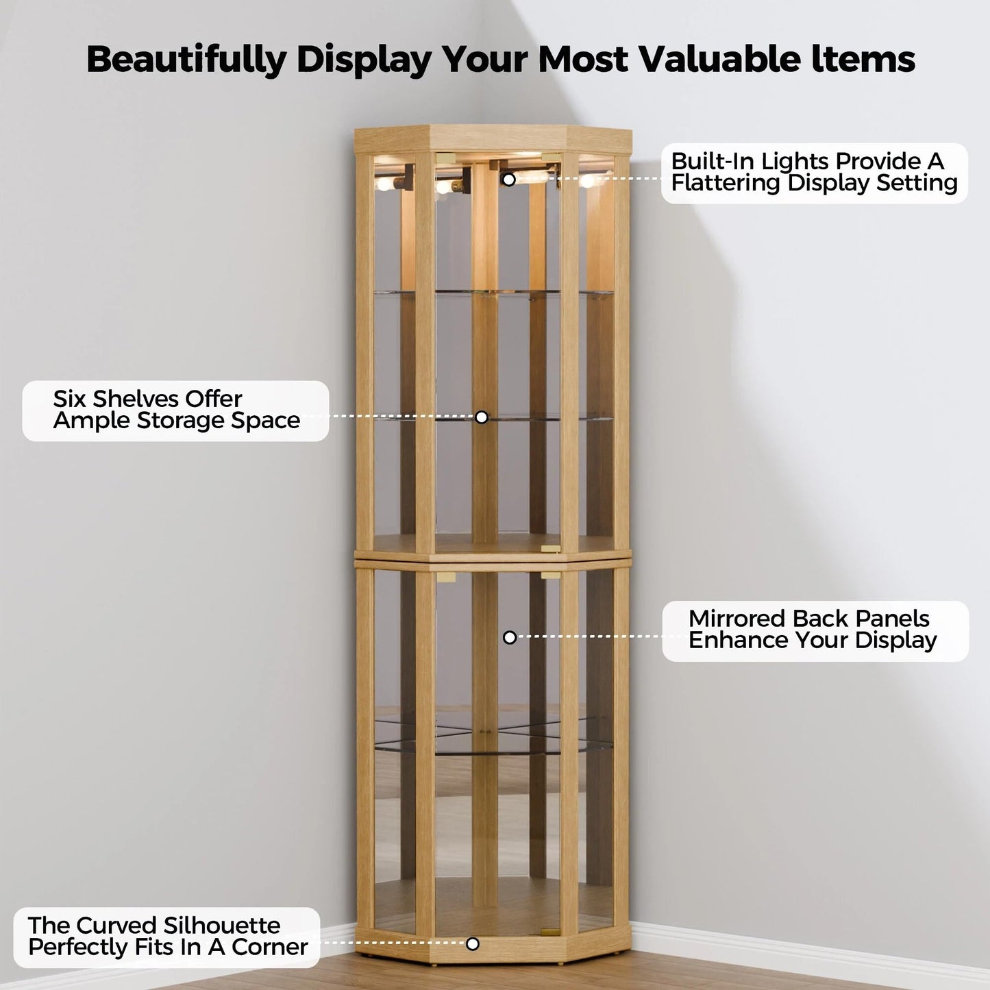 Topcomfy Corner Curio Cabinet, Lighted 3-Side Glass Display Curio Cabinet with Tempered Glass Doors & Adjustable Shelves, Wine Bar China Cabinet with Bulb for Living Room (Light Oak)
