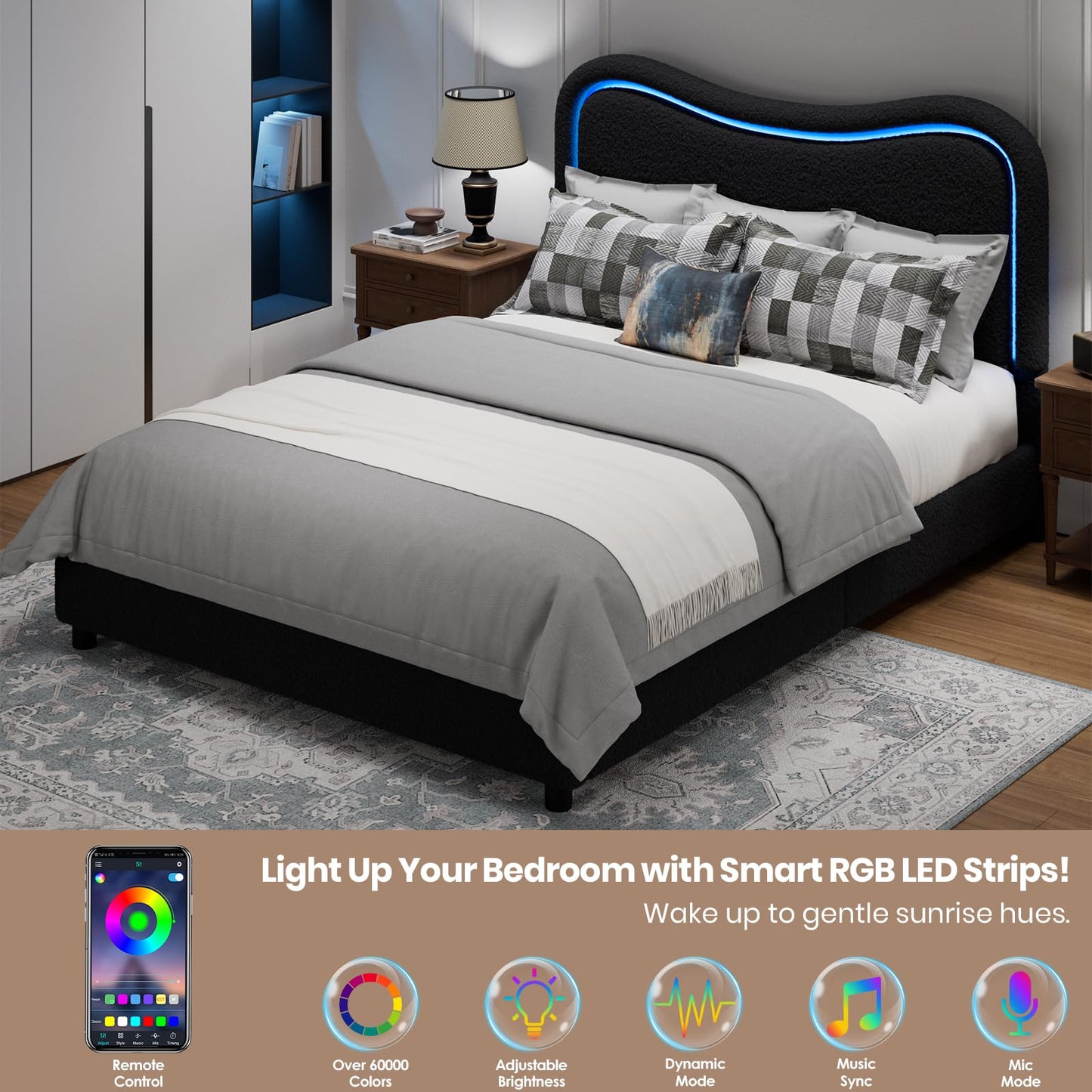 GarveeHome LED Full Size Bed Frame with 2 Drawers and Headboard, Cute Upholstered Bed with Storage, Sturdy Platform Bed, No Box Spring Needed, Wooden Slats, Noise Free, Black